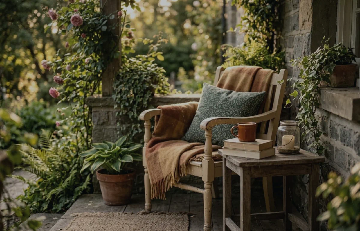 Covered porch chair with a throw and side table beside a wet garden