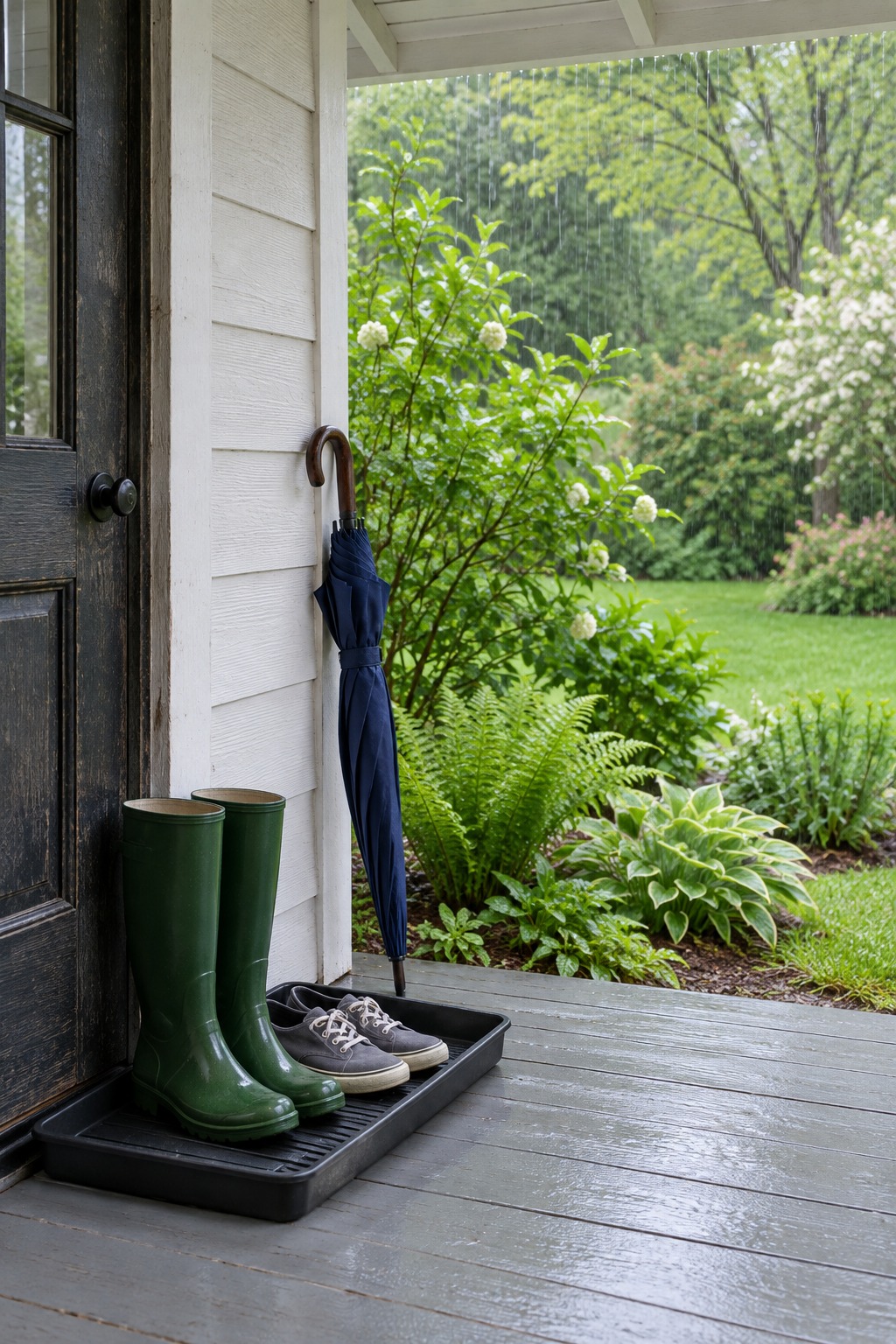 Boot tray with green rain boots and a closed navy umbrella beside a porch door on a rainy day