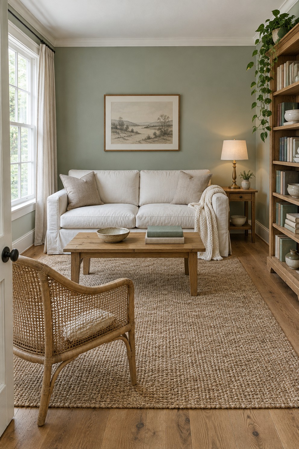 Living room with soft sage green walls, ivory trim, an oak bookcase, a rattan chair and a jute rug in window light