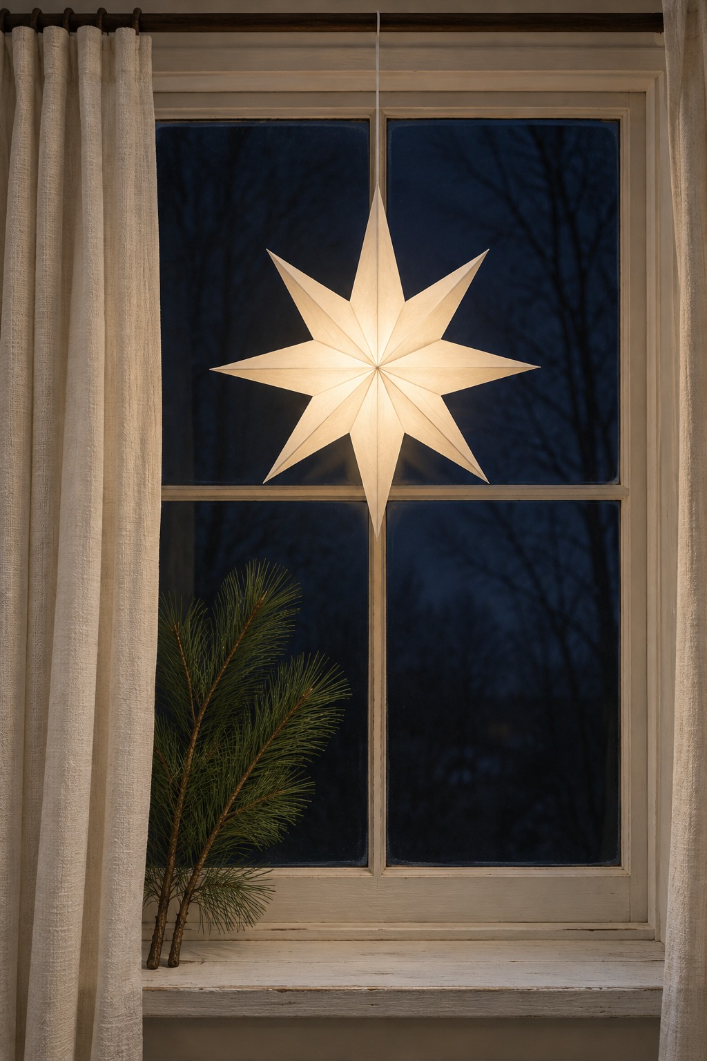 White paper star lantern lit from inside, hanging from a curtain rod in a dark window with a few tall pine sprigs on the sill