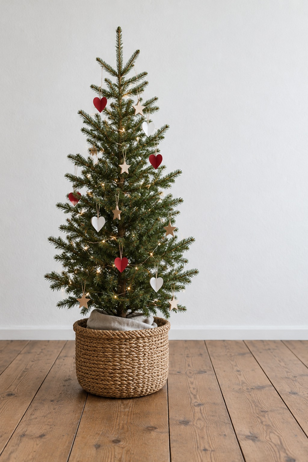 Slim three foot spruce tree in a woven basket on a wooden floor, hung with a few red and white paper hearts and wooden stars and warm white lights
