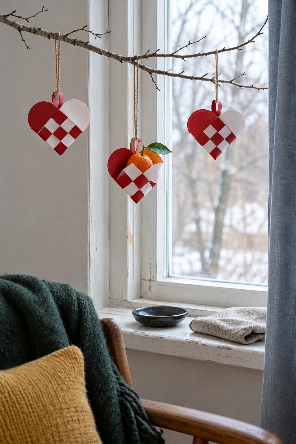 Three red and white woven paper hearts hanging from a bare branch beside a window, one heart holding a clementine