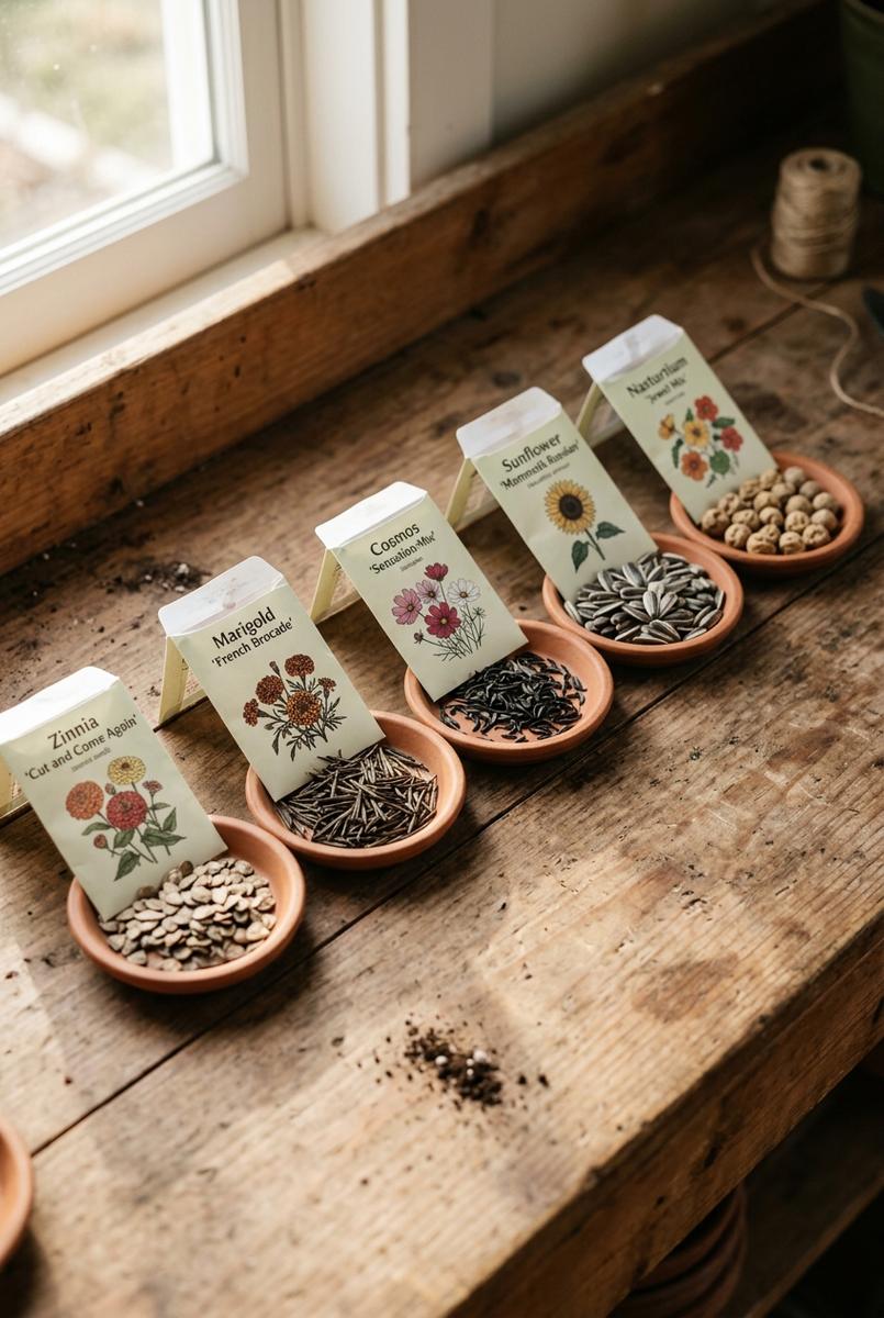 Seed starting supplies on wooden table with trays, seed packets, and a grow light