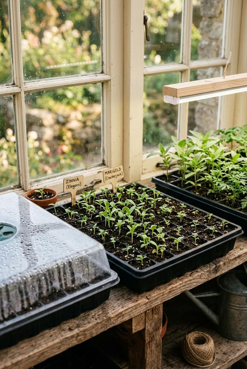 Young flower seedlings under a grow light