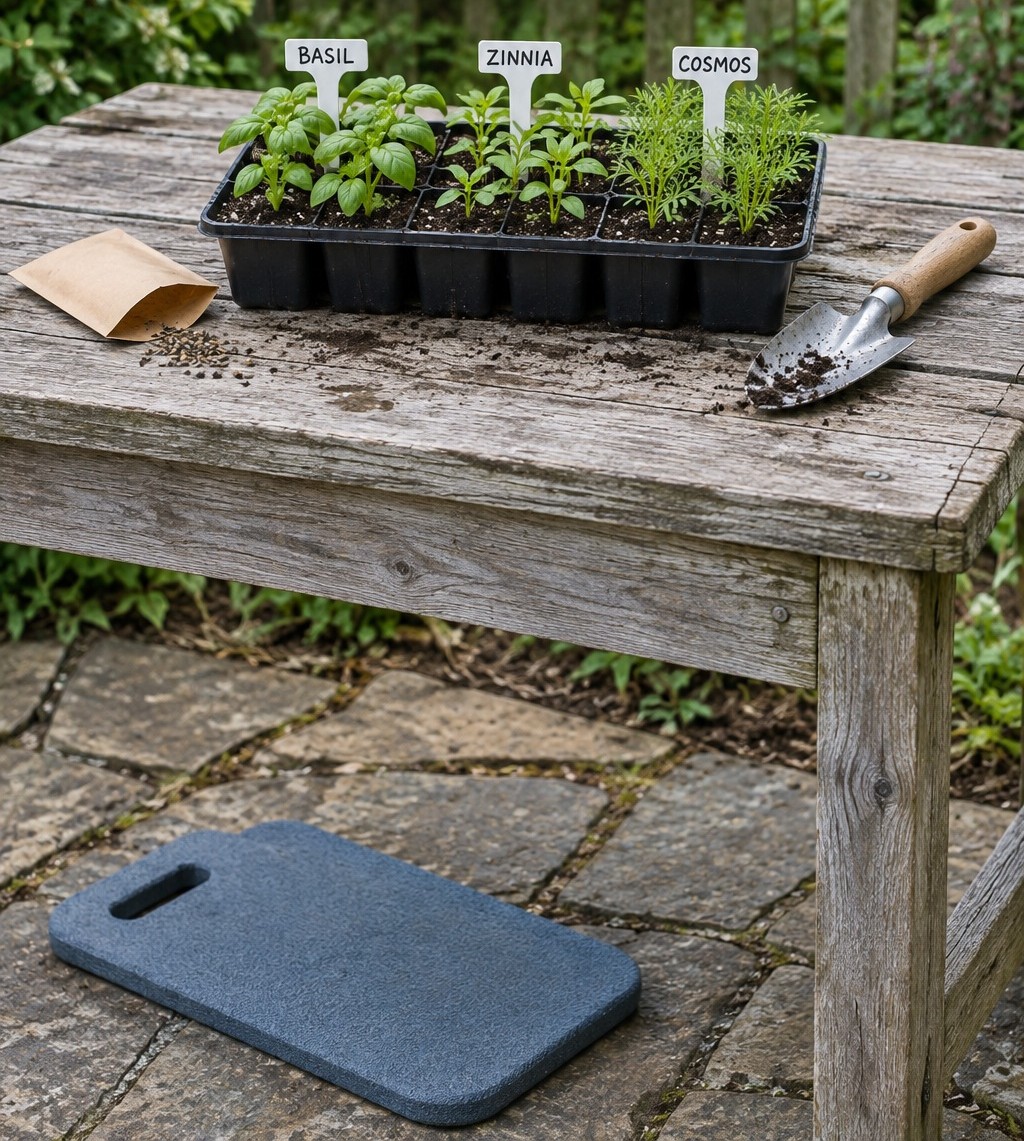 Seed tray of basil, zinnia and cosmos seedlings marked with white T-shaped plant labels on a weathered potting bench, with a hand trowel and kneeling pad