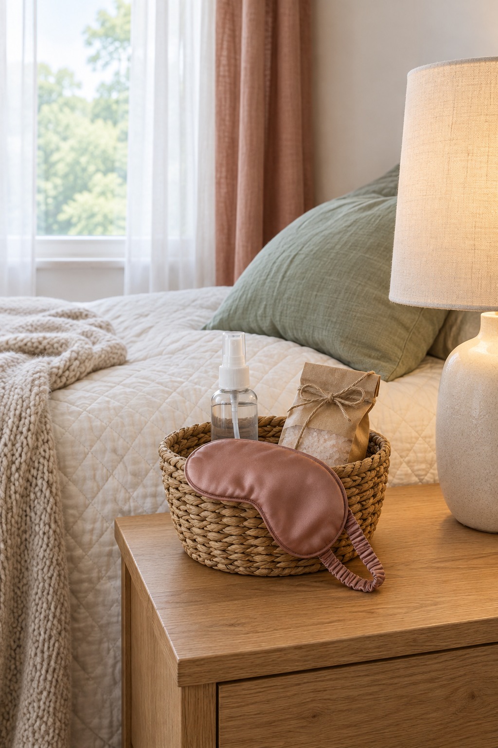 Small woven basket on a bedside table holding a spray bottle, a silk sleep mask and a bag of bath salts beside a lit lamp and a cream quilt in soft morning light