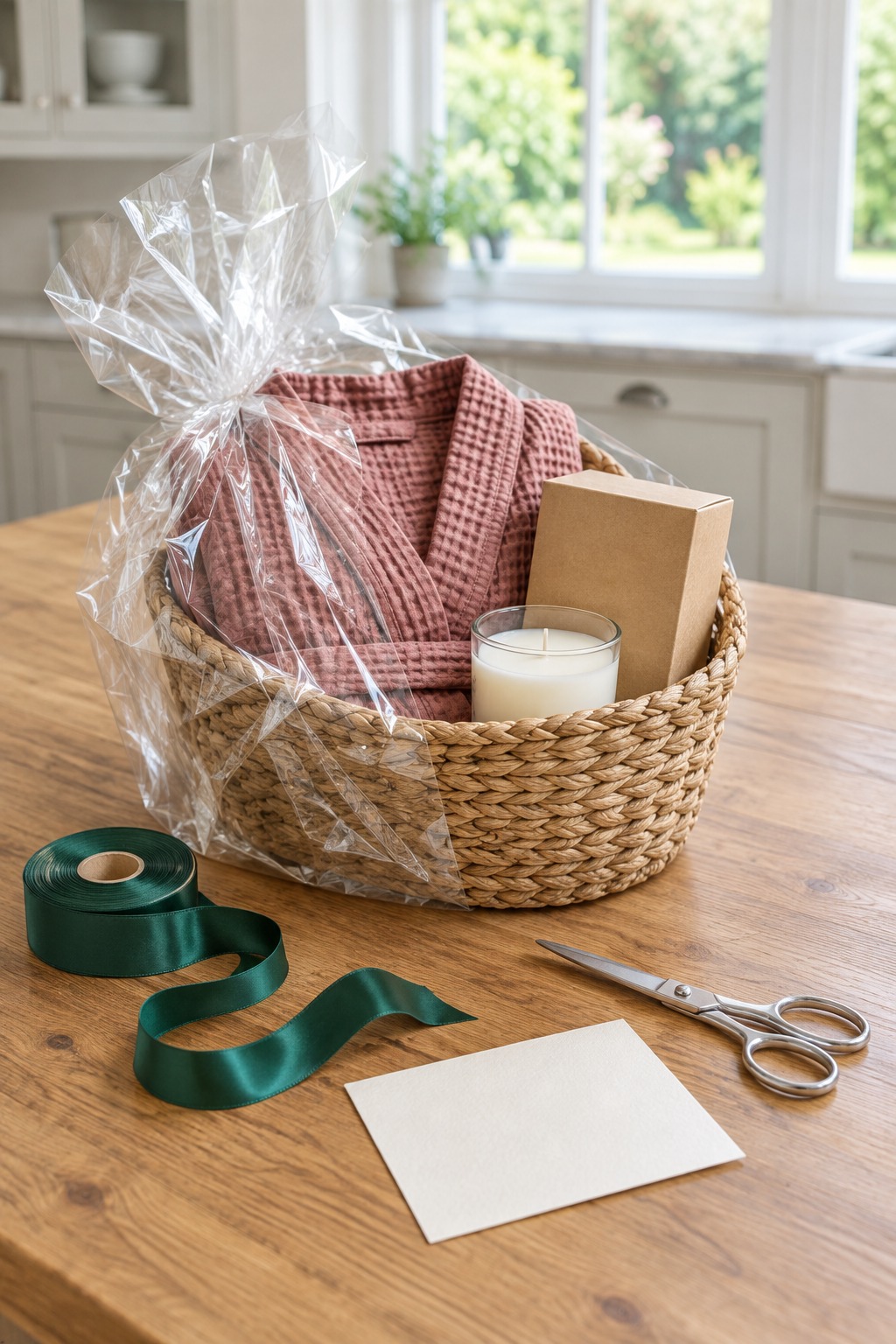Kitchen table with a small woven basket filled with a robe, a tea box and a candle being wrapped in clear cellophane, with a spool of green ribbon, scissors and a handwritten card beside it in bright daylight