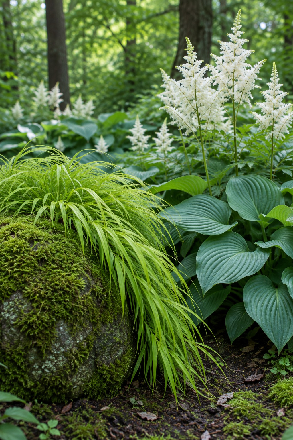 Blue-green hostas, white astilbe and chartreuse forest grass around a mossy rock in dappled shade