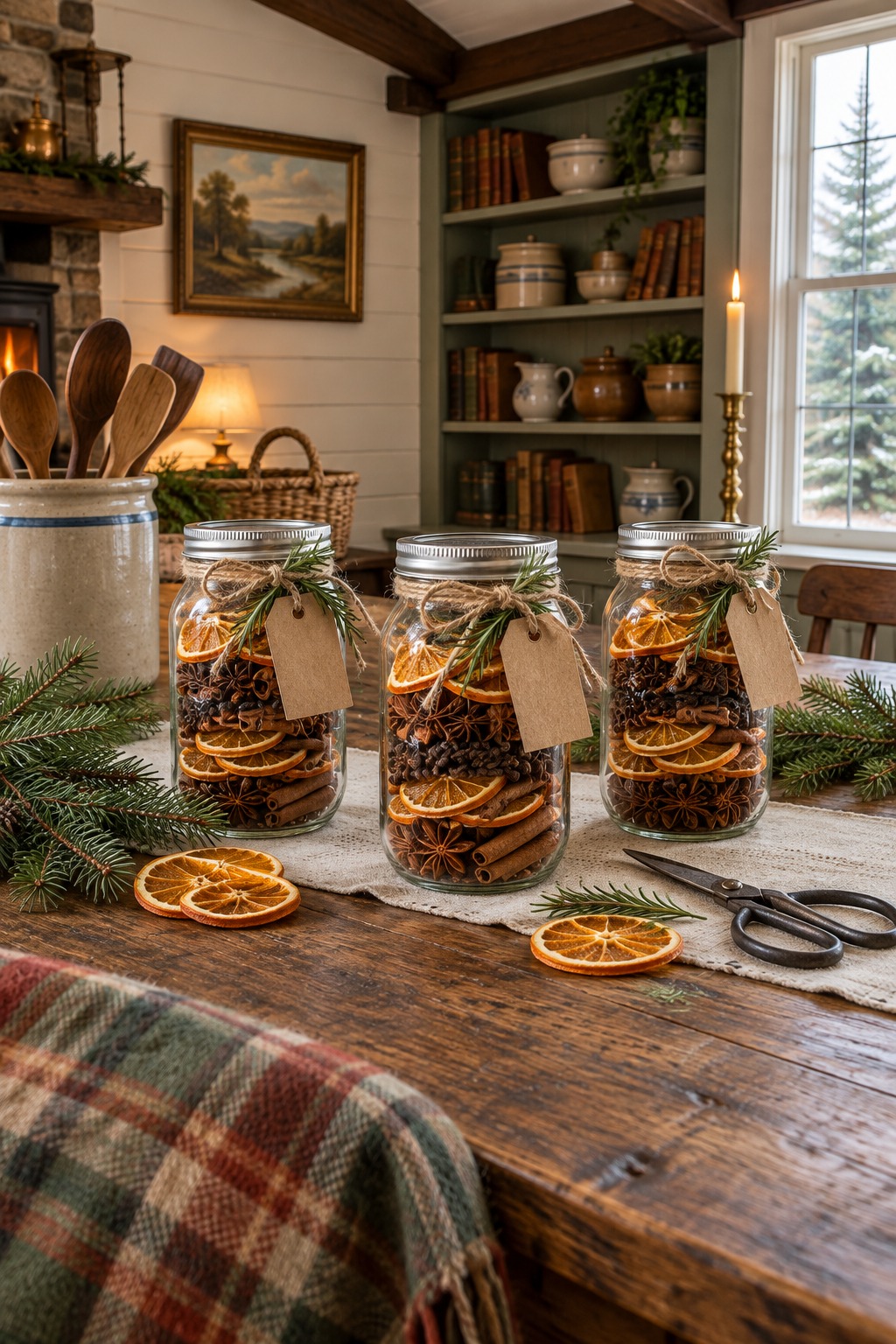 Three glass mason jars layered with dried orange slices, cinnamon sticks, star anise and cloves, tied with twine, blank kraft tags and rosemary, on a farmhouse table with pine sprigs and scissors