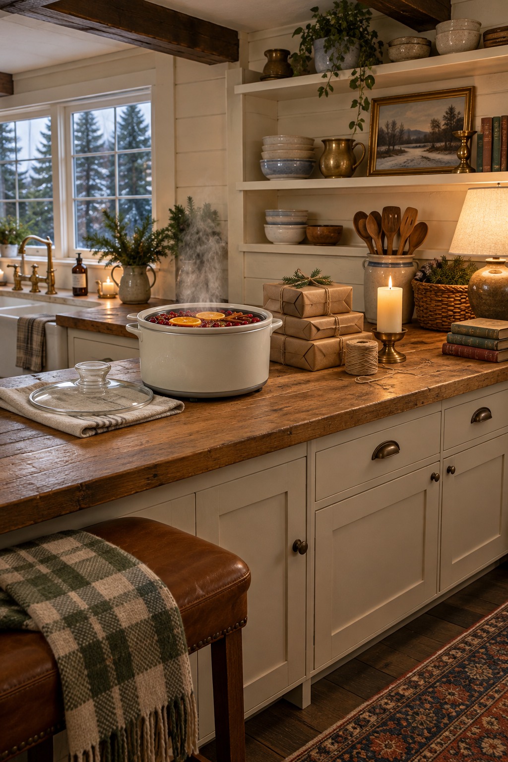 Small cream slow cooker with its glass lid set aside on a wooden kitchen counter, steaming with orange slices and cranberries, next to kraft paper wrapped gifts, a spool of twine and a lit candle