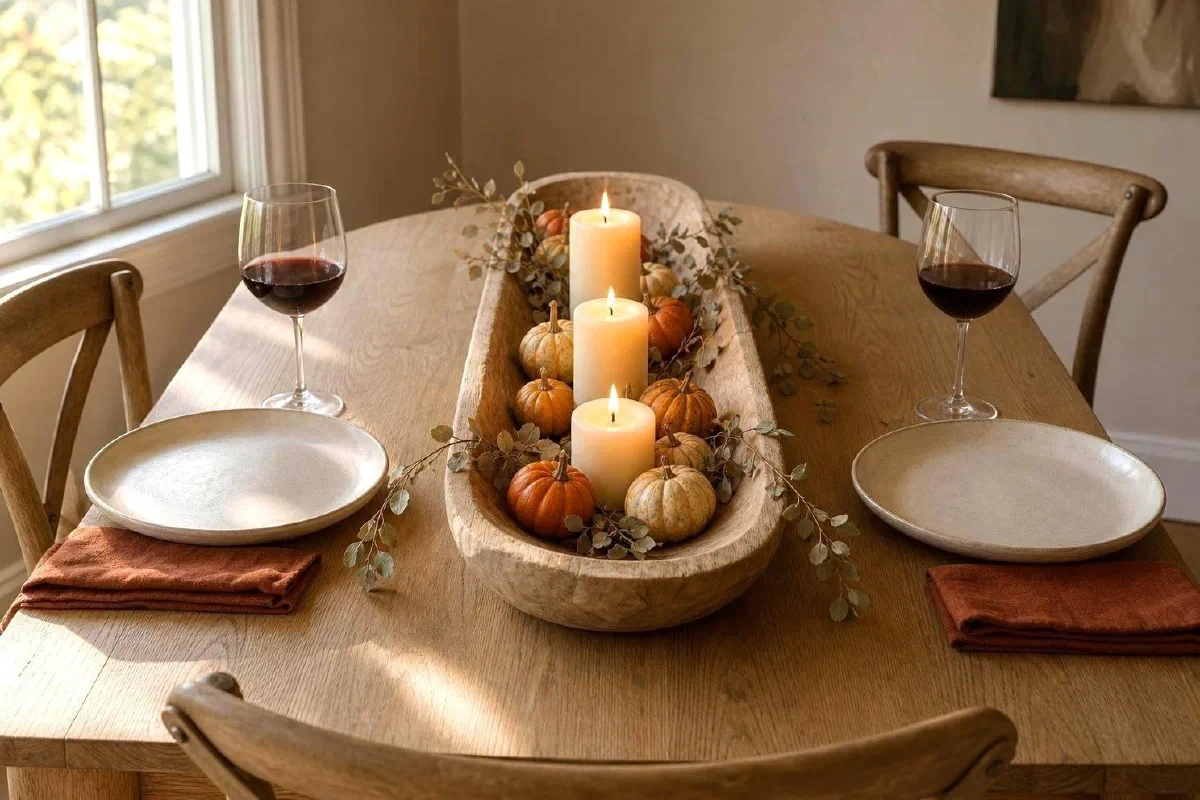 Low wooden bowl with candles, miniature pumpkins, and greenery on an autumn dining table