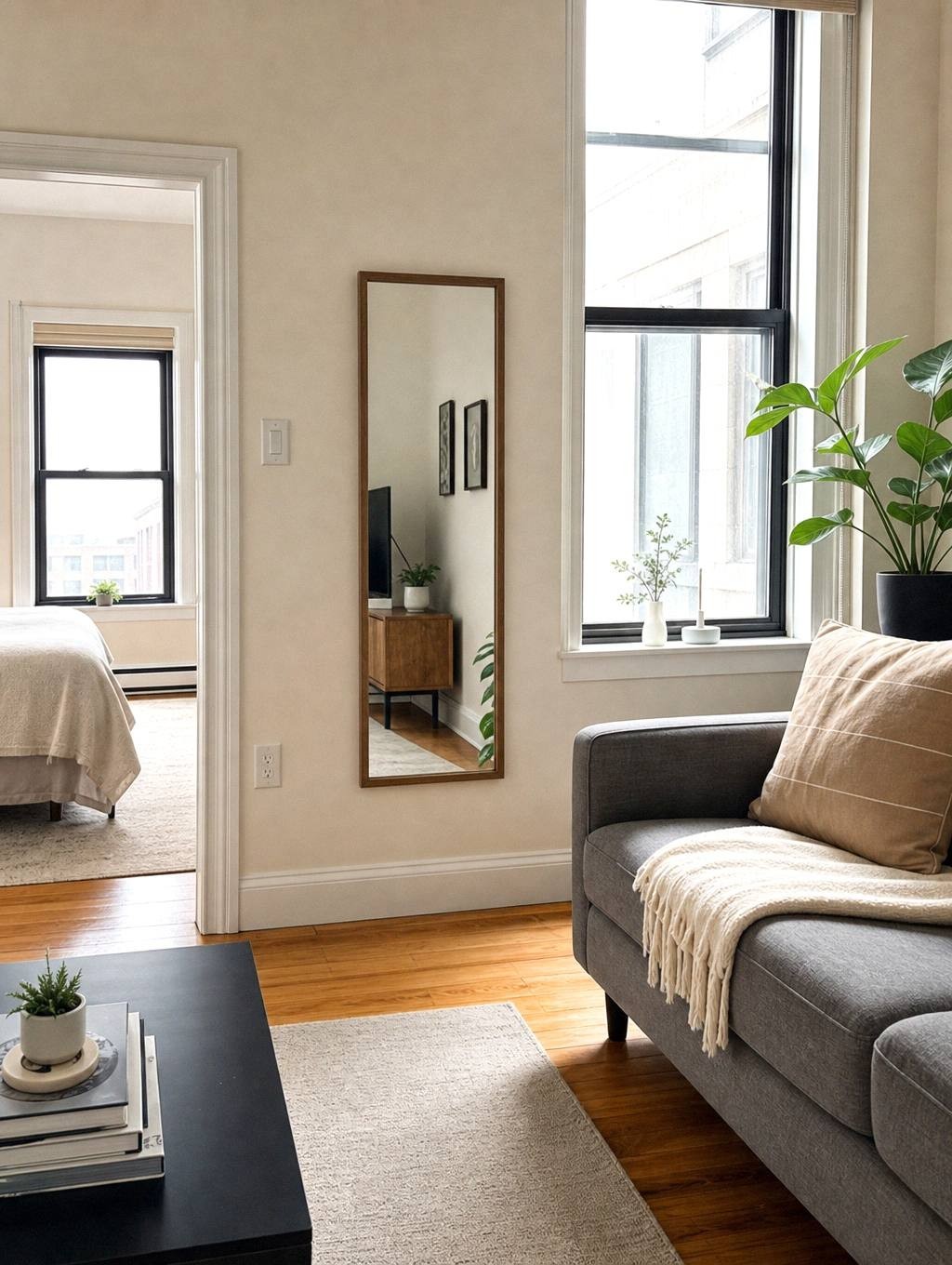 Compact gray sofa beside a bright window in a rental room with an open route through the center