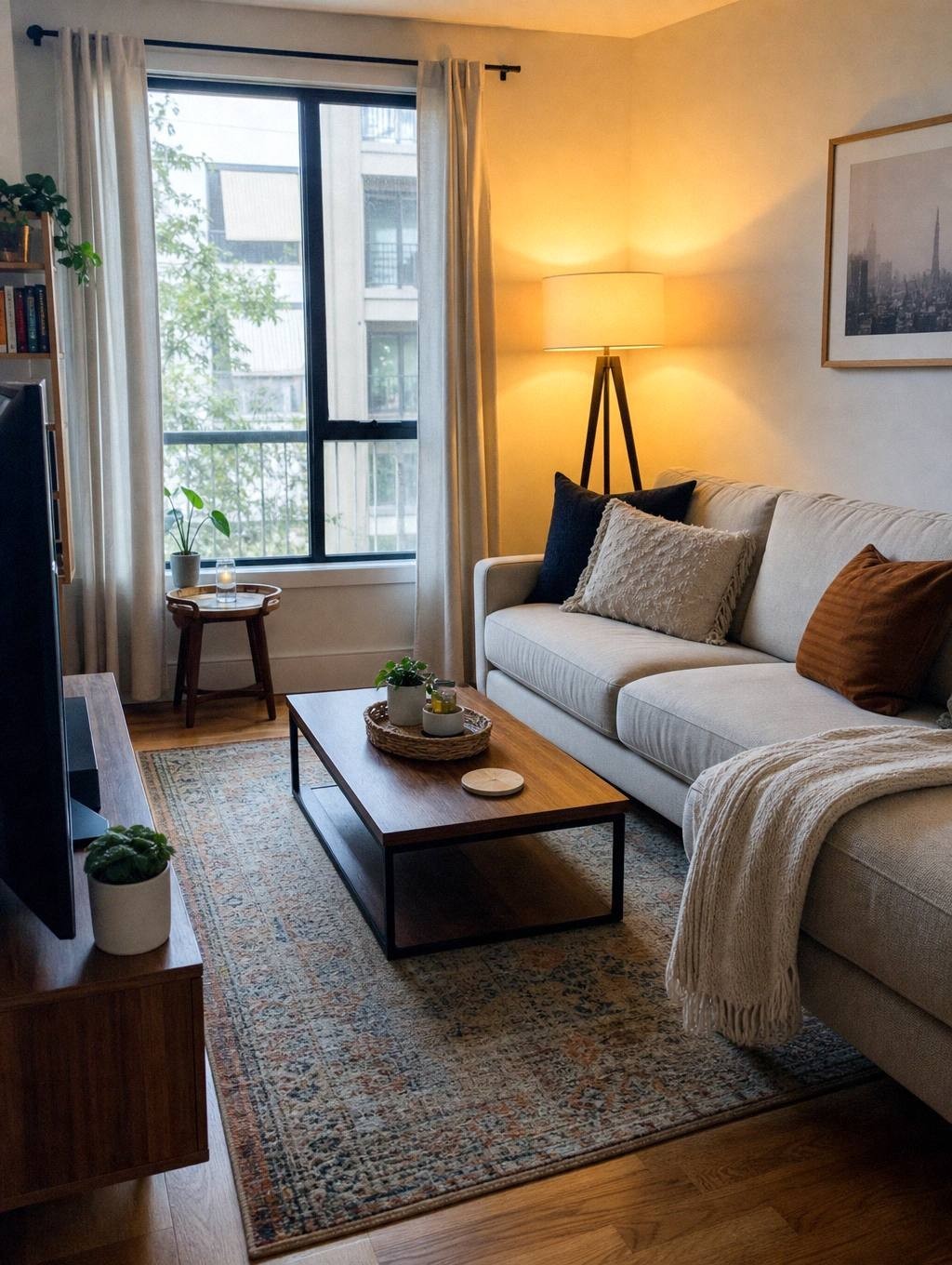 Narrow apartment living room with a lit floor lamp beside a sofa and a rug beneath the coffee table