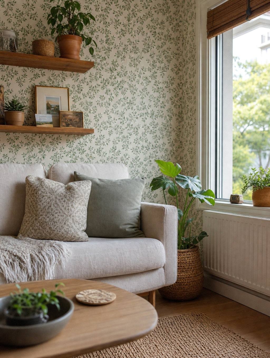 Small sofa against botanical patterned wallpaper with wood shelves and plants beside the window