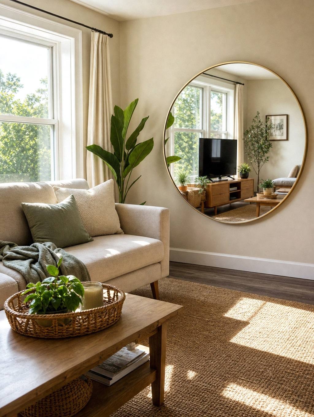 Round mirror reflecting a window beside a small sofa and a trailing plant