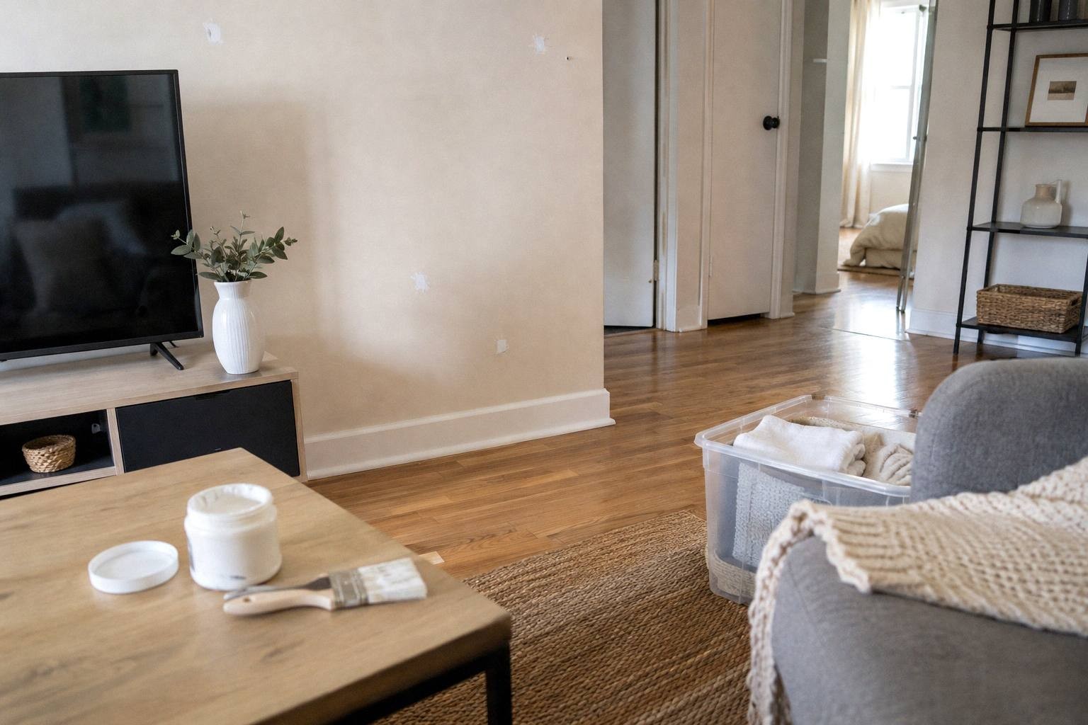Low television console and light wood coffee table with an open floor route toward the apartment doorway