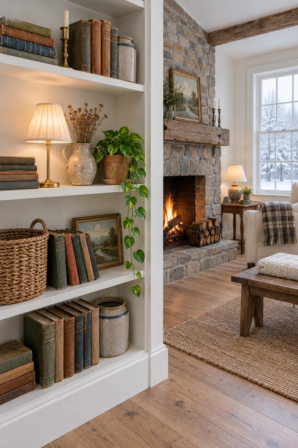 Small lamp with a pleated shade glowing warm on a bookshelf beside books and a trailing plant, with a lit fireplace in the next room