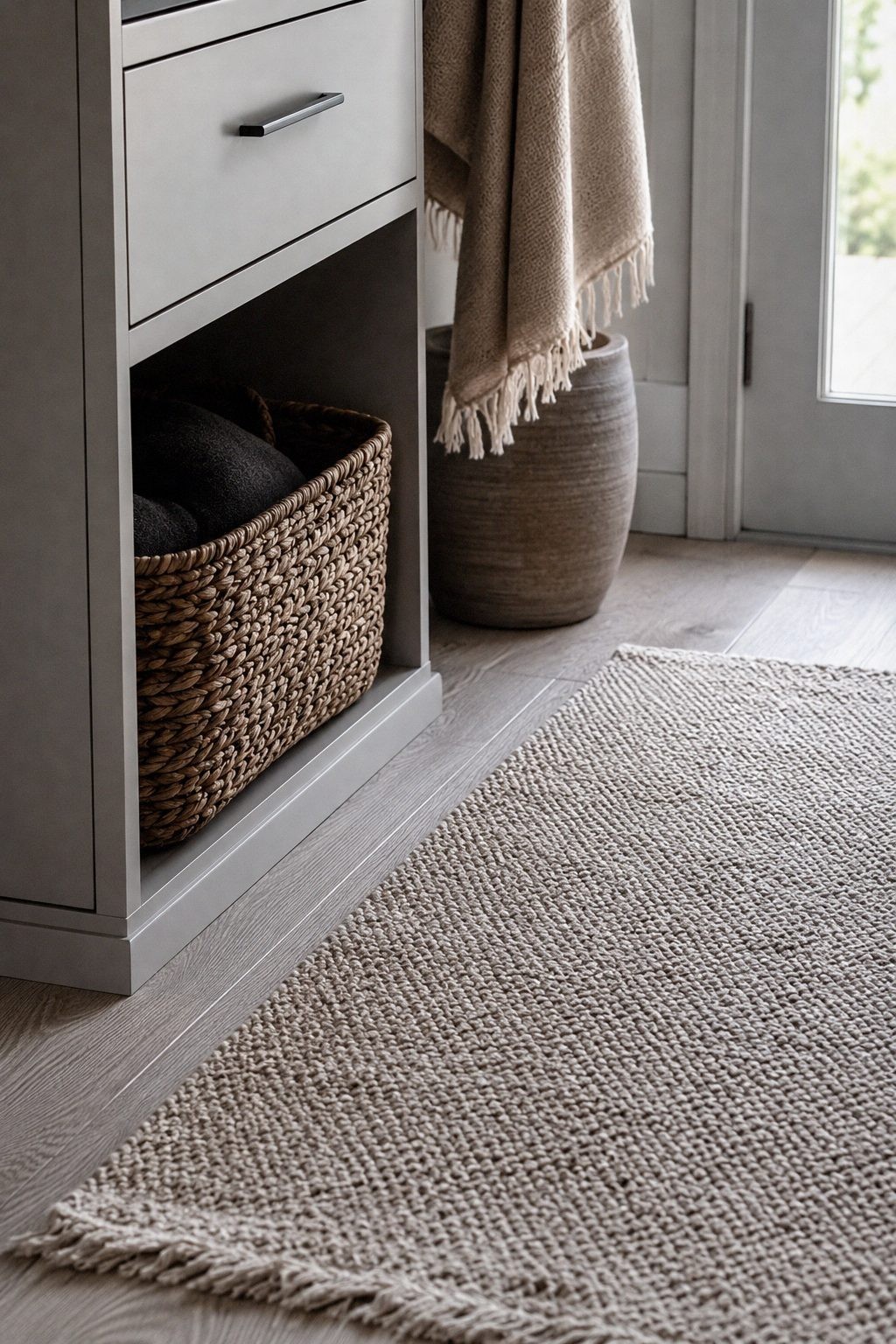 Close view of a thin woven entry mat beside a compact cabinet with a ventilated basket