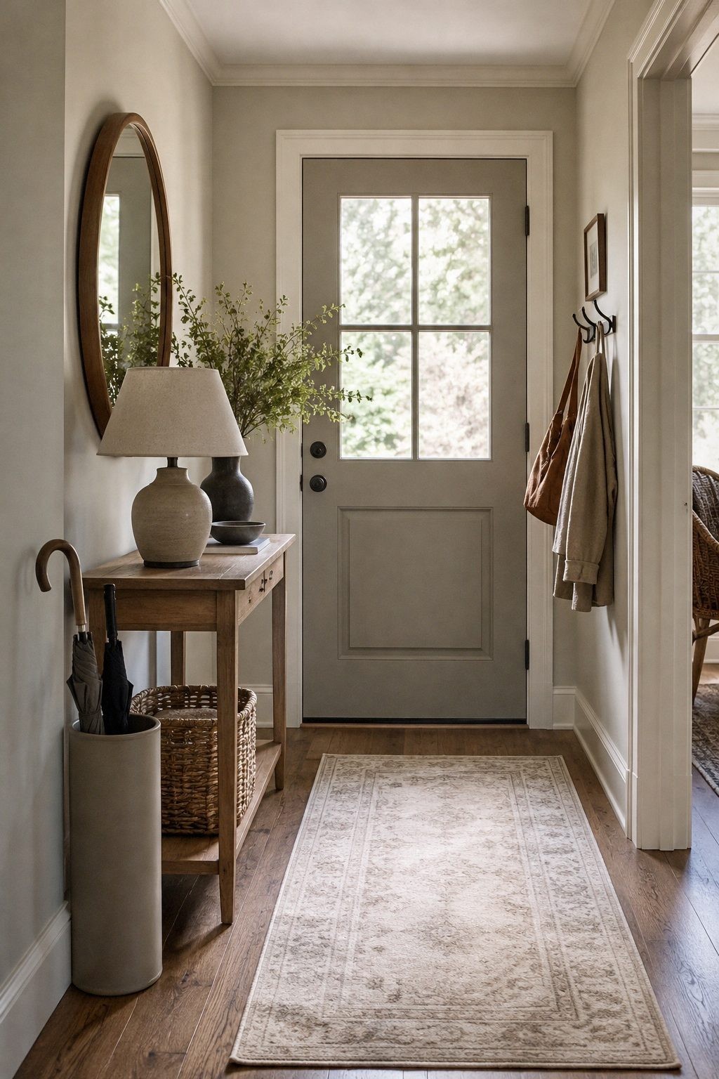 Slim umbrella holder and wall hooks placed beside a clear entry walkway