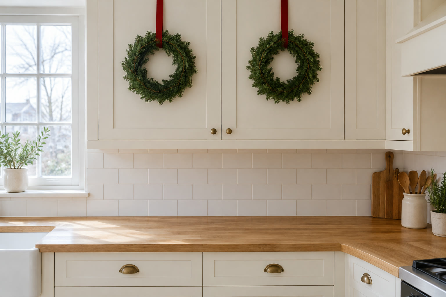 Two evergreen wreaths on white upper cabinet doors above an empty wood worktop