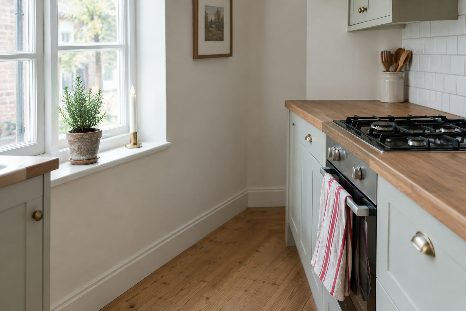 Striped tea towel on a kitchen oven with a rosemary pot on the nearby windowsill