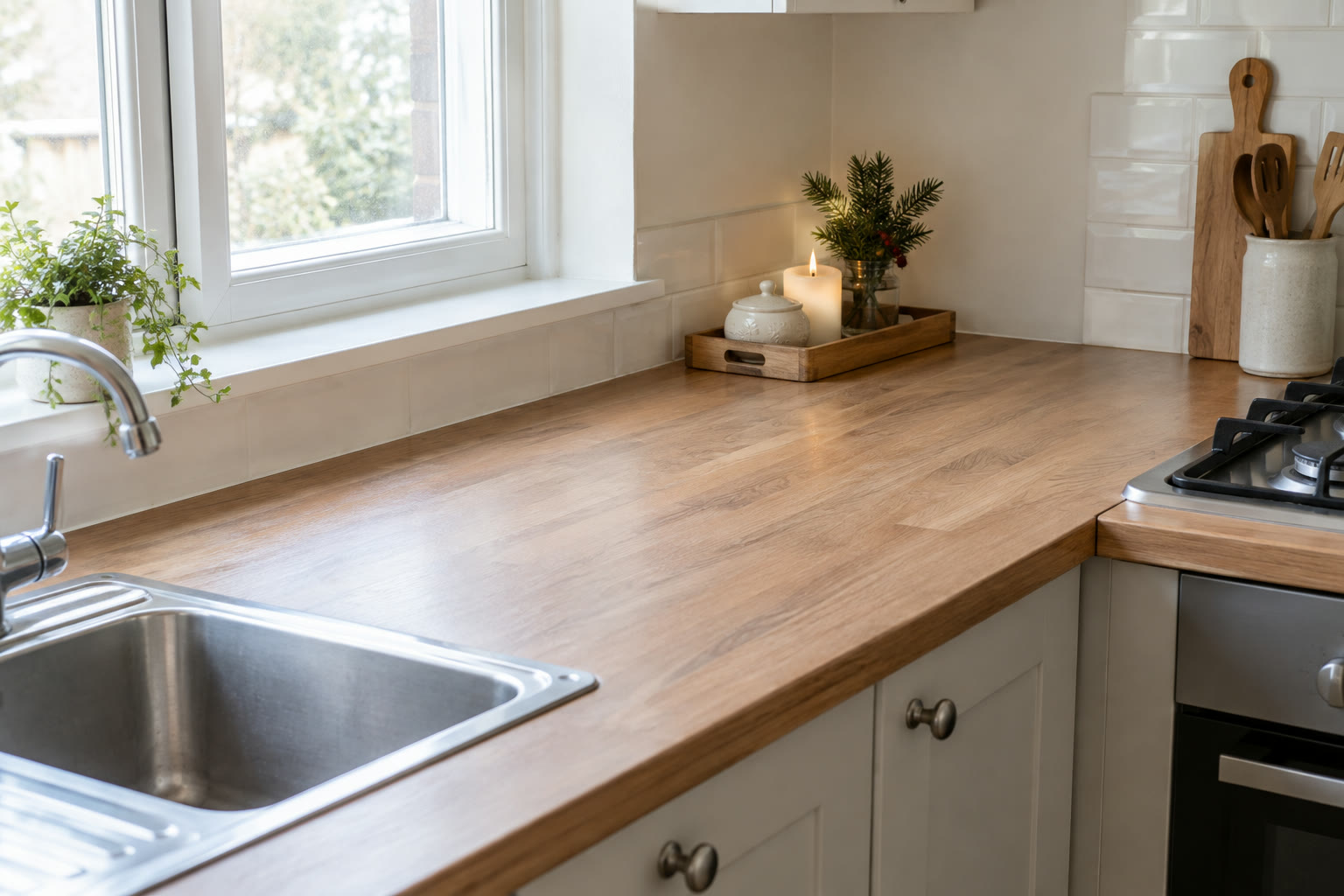 Small seasonal tray at the rear of a clear kitchen worktop beside the sink window