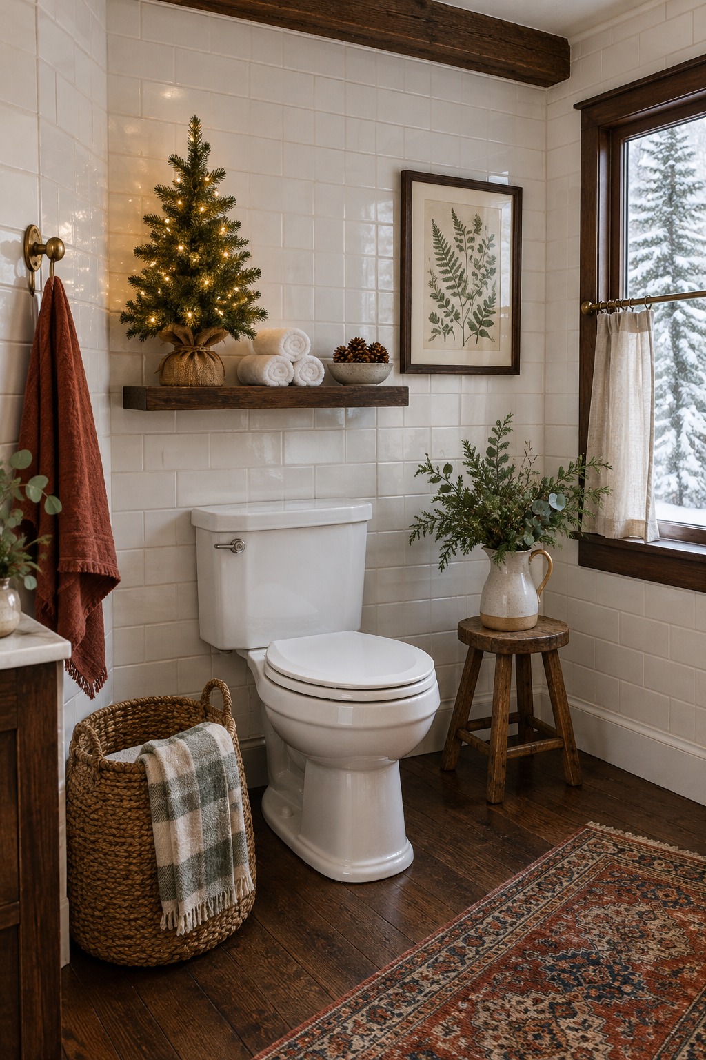 Narrow wooden floating shelf on a white tiled bathroom wall above a toilet with a small lit artificial Christmas tree in a burlap base, rolled white washcloths, a dish of pinecones and a framed botanical print
