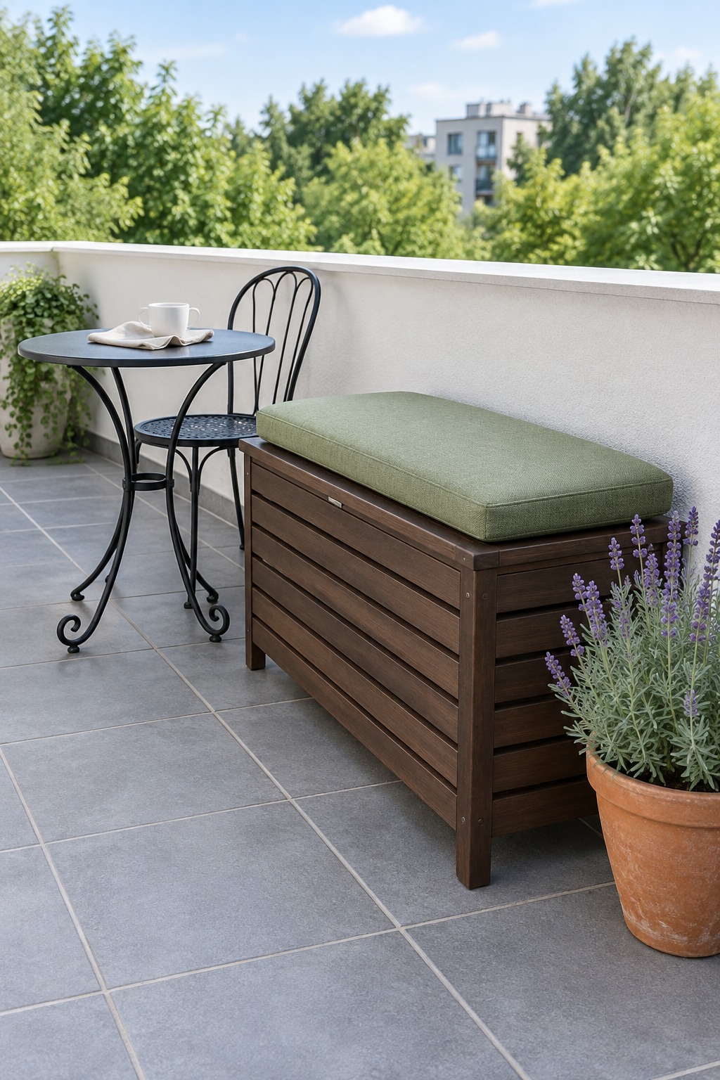 Slatted deck box with a sage cushion used as a bench beside a black bistro table on a small patio