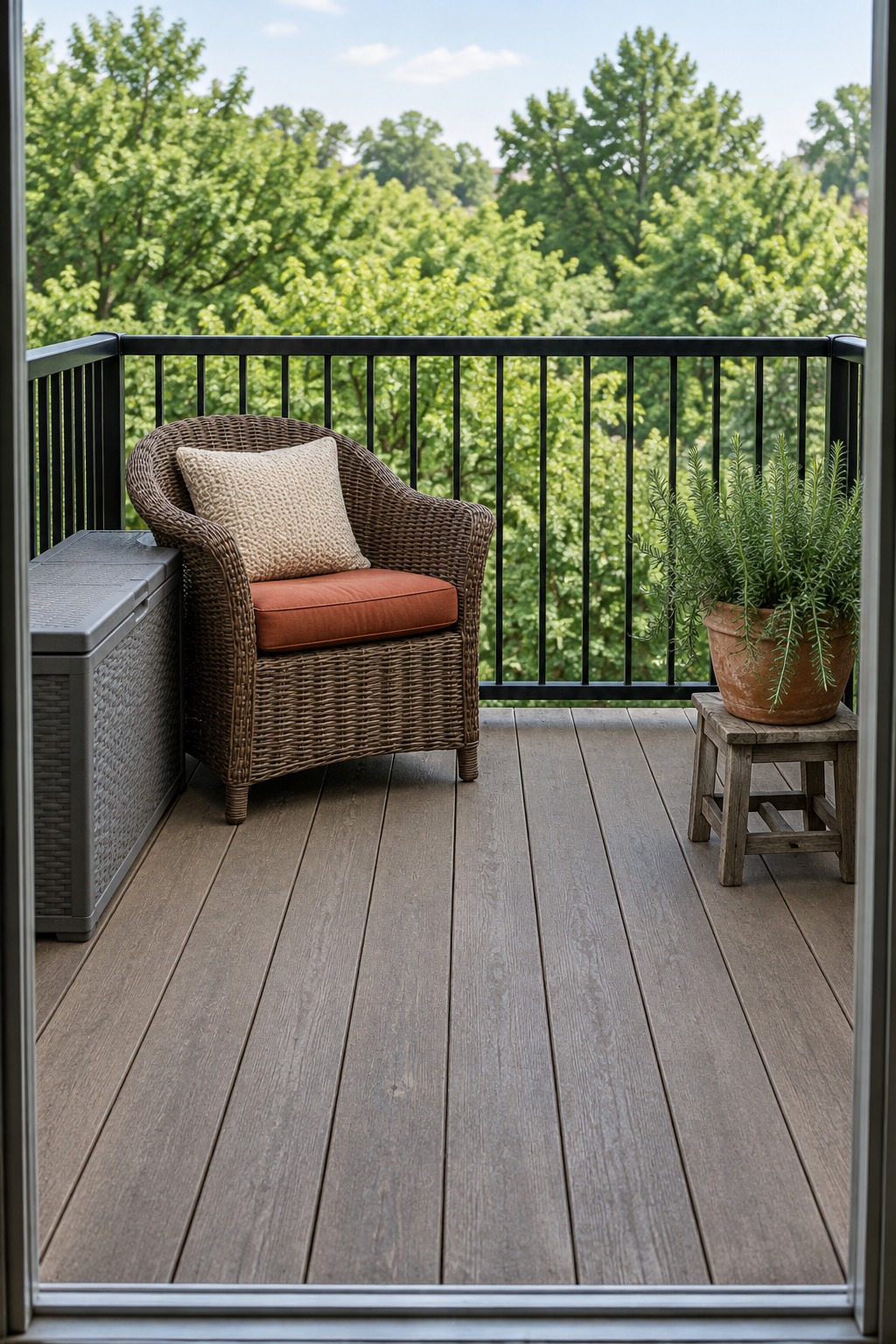 Gray deck box tucked under a balcony railing beside a wicker chair so it reads as part of the seating
