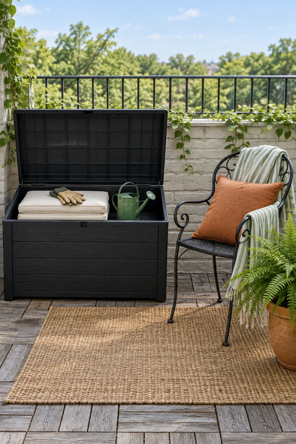 Open deck box holding two folded cushions, a small watering can and gloves on a small patio