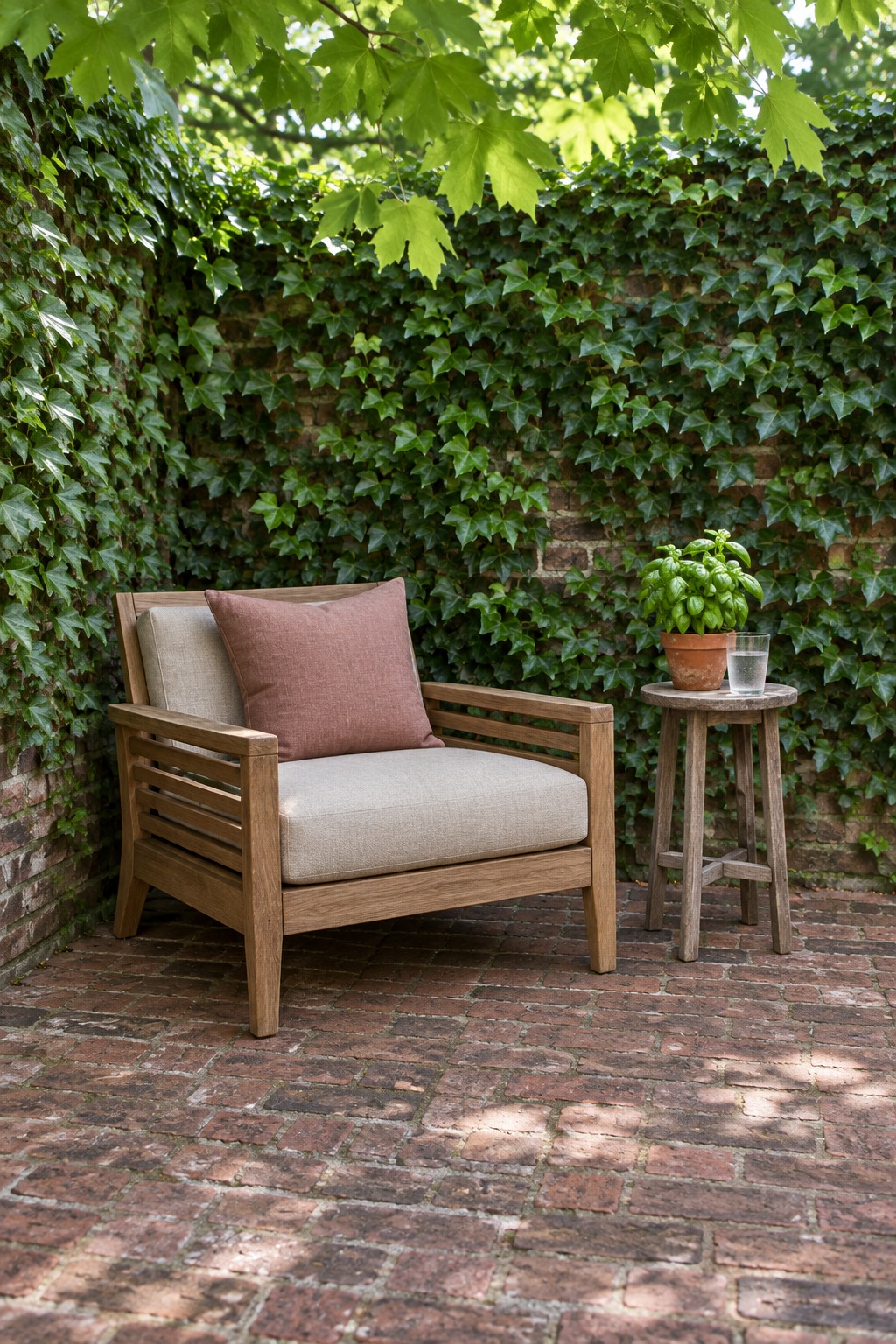 One cushioned teak chair with a small side table and a basil pot on a small brick patio