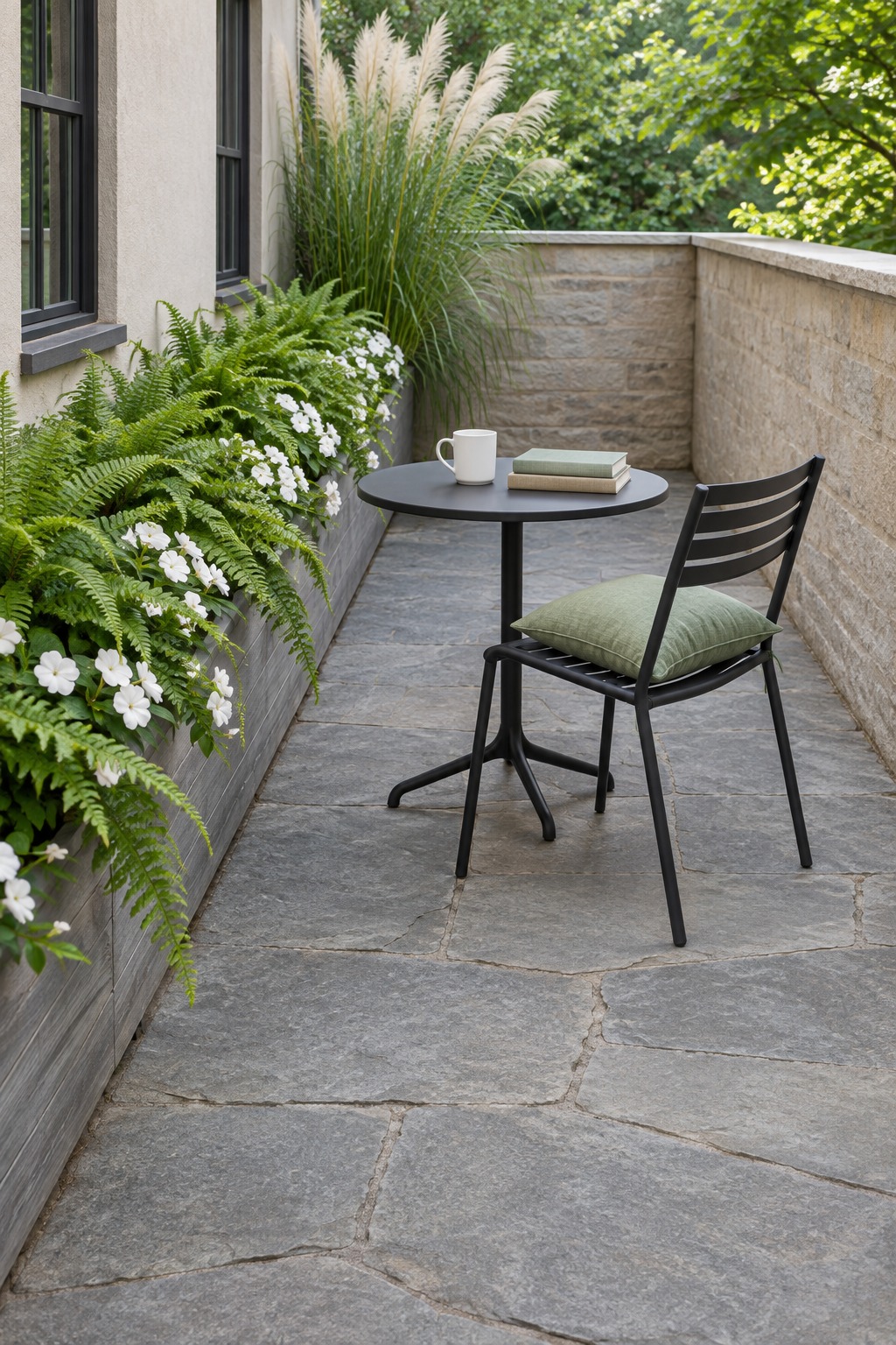 Narrow patio with a trough of ferns and impatiens along the wall and grass in the corner