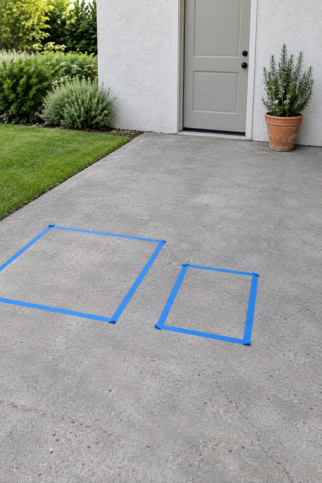 Blue painter's tape marking a small table and chair footprint on a gray concrete patio