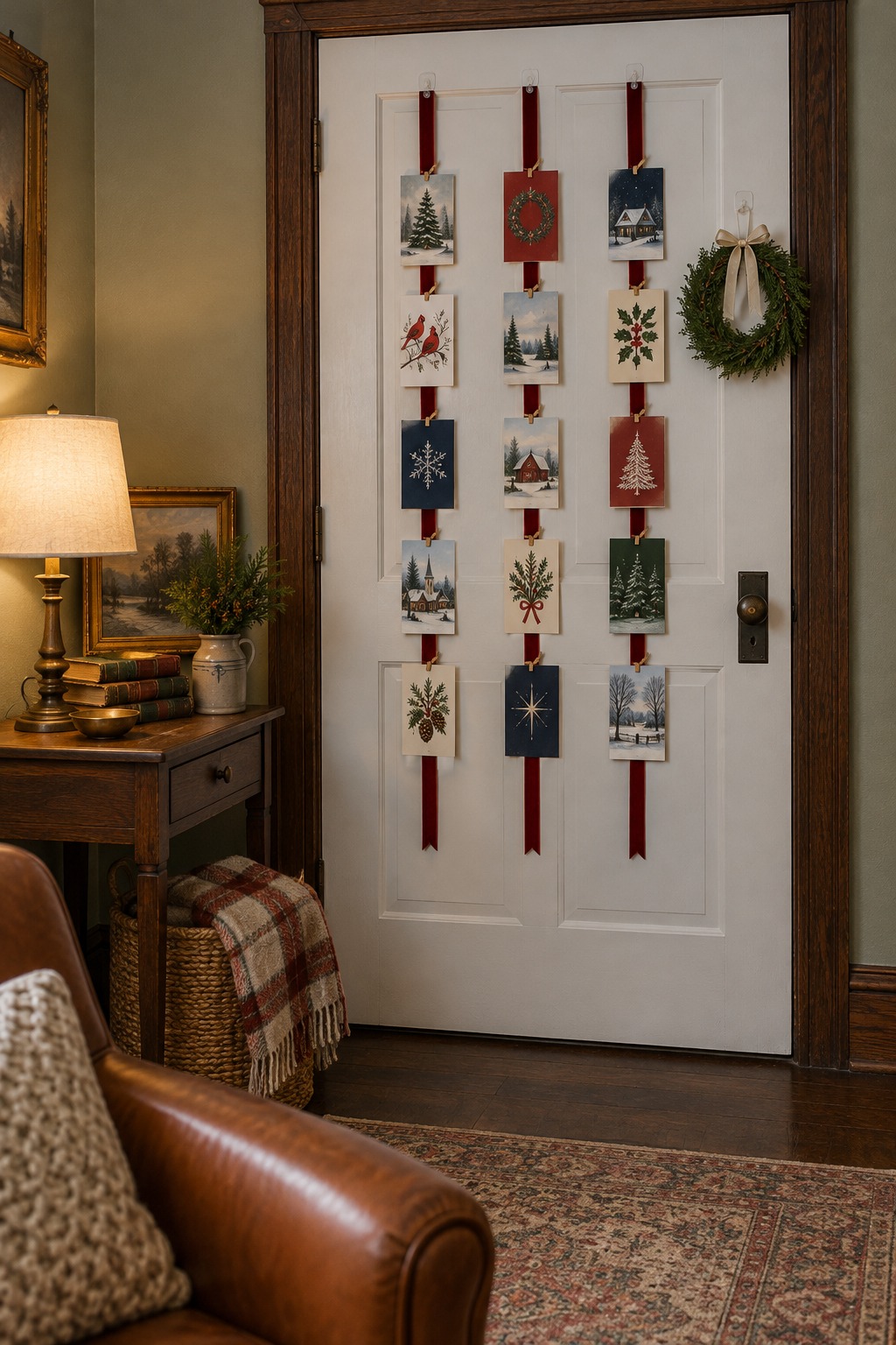 Three velvet ribbons hung down the back of a white apartment door holding Christmas cards with mini clothespins, with a small green wreath on a hook beside them