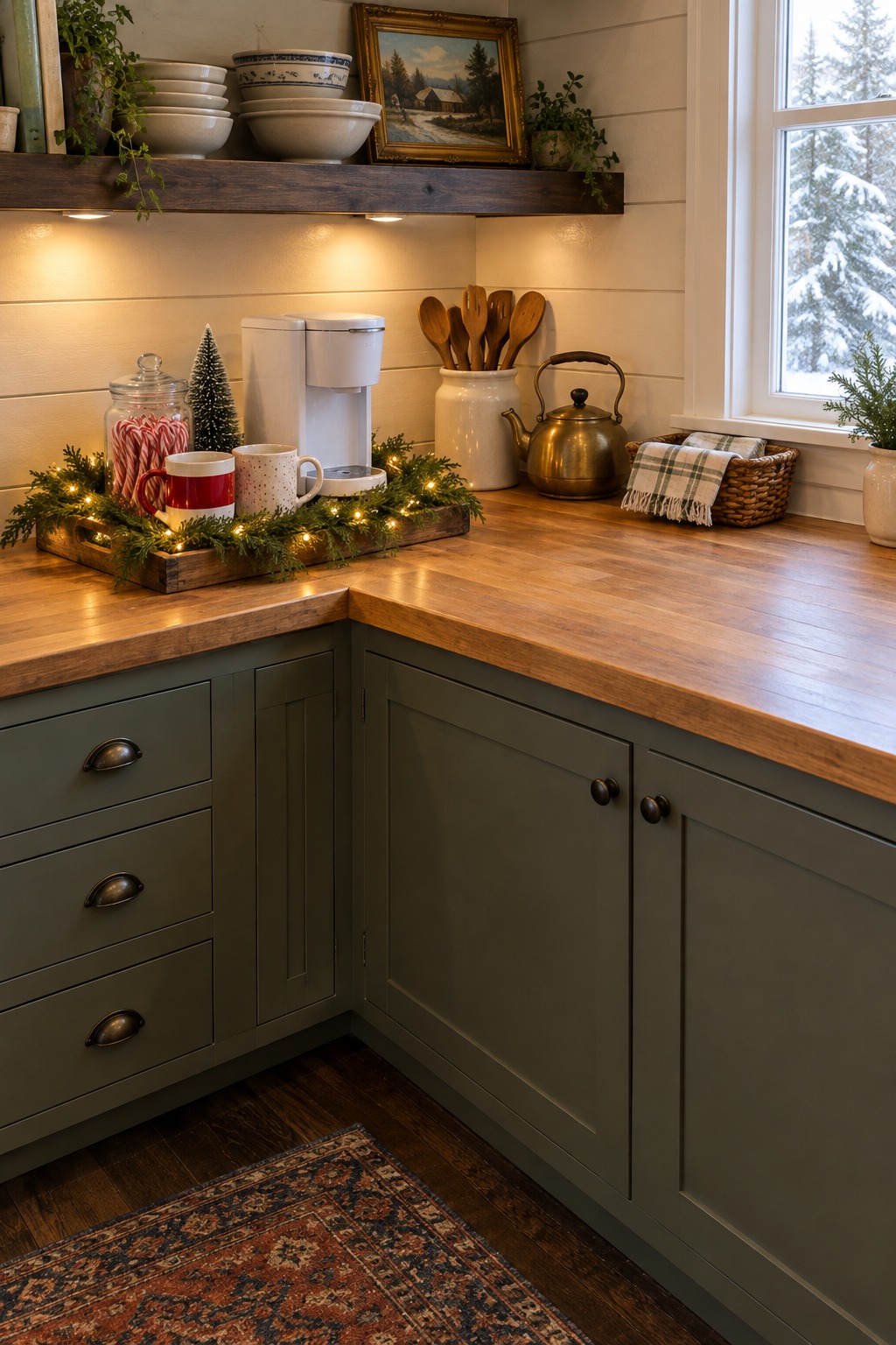 Wood tray on the corner of a small kitchen counter beside a white coffee maker, holding red and white mugs, a jar of candy canes, a bottle brush tree and a short cedar garland with fairy lights