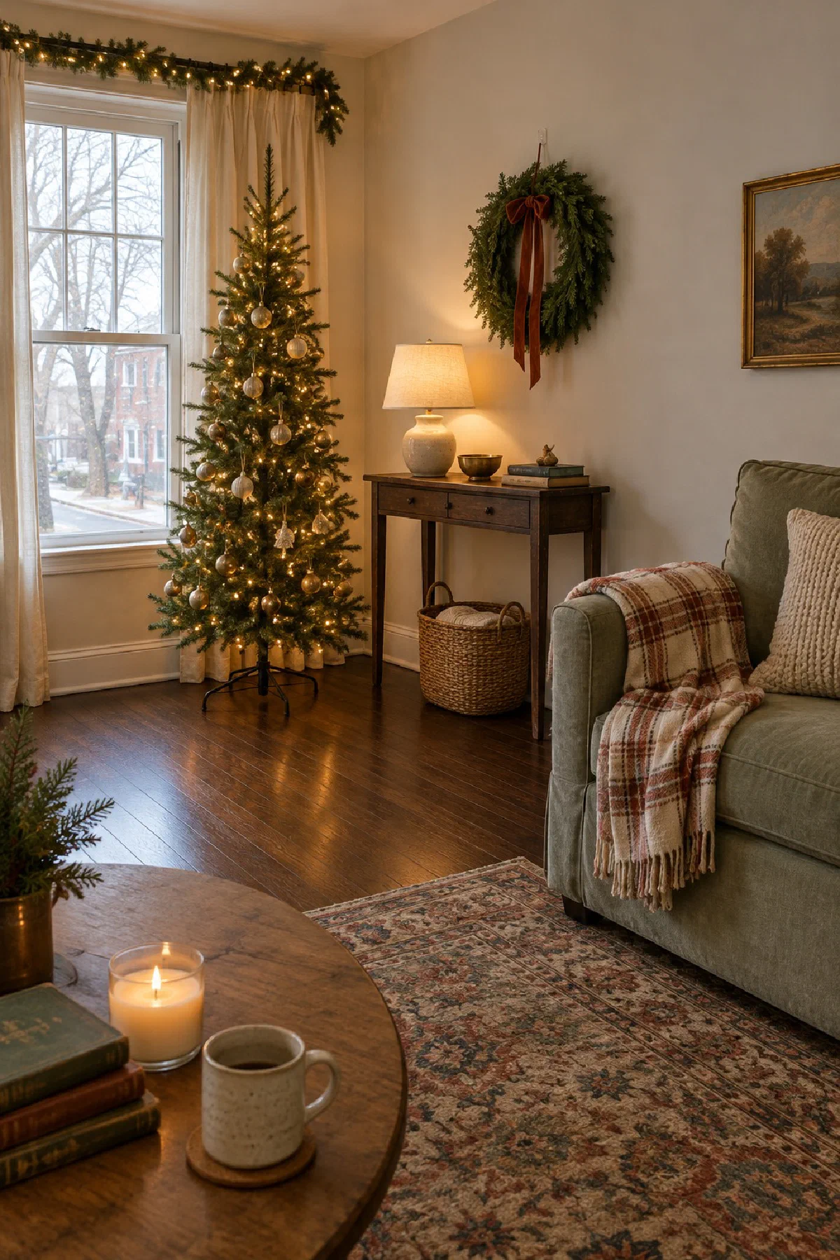 Small apartment living room decorated for Christmas with a slim lit tree in the corner beside a window, a green wreath on the wall above a small console table, a garland across the window and a mug on the coffee table