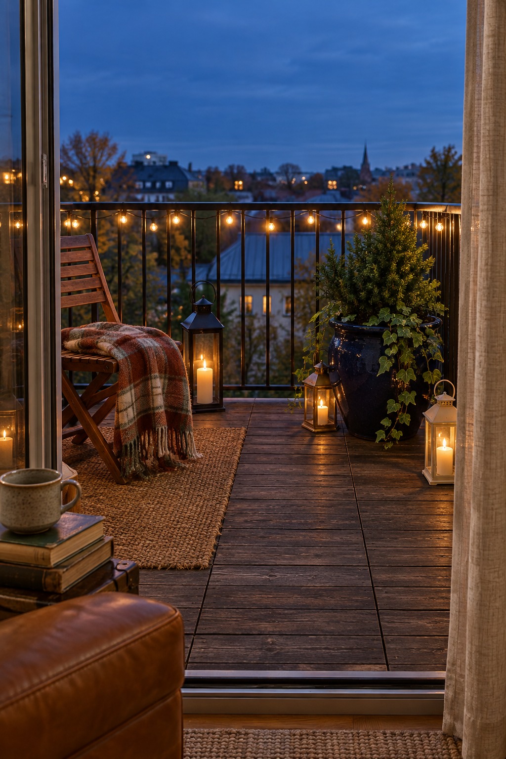 Small apartment balcony in the evening with warm white battery string lights along the rail, a weighted planter with a small evergreen and a folding chair with a plaid blanket