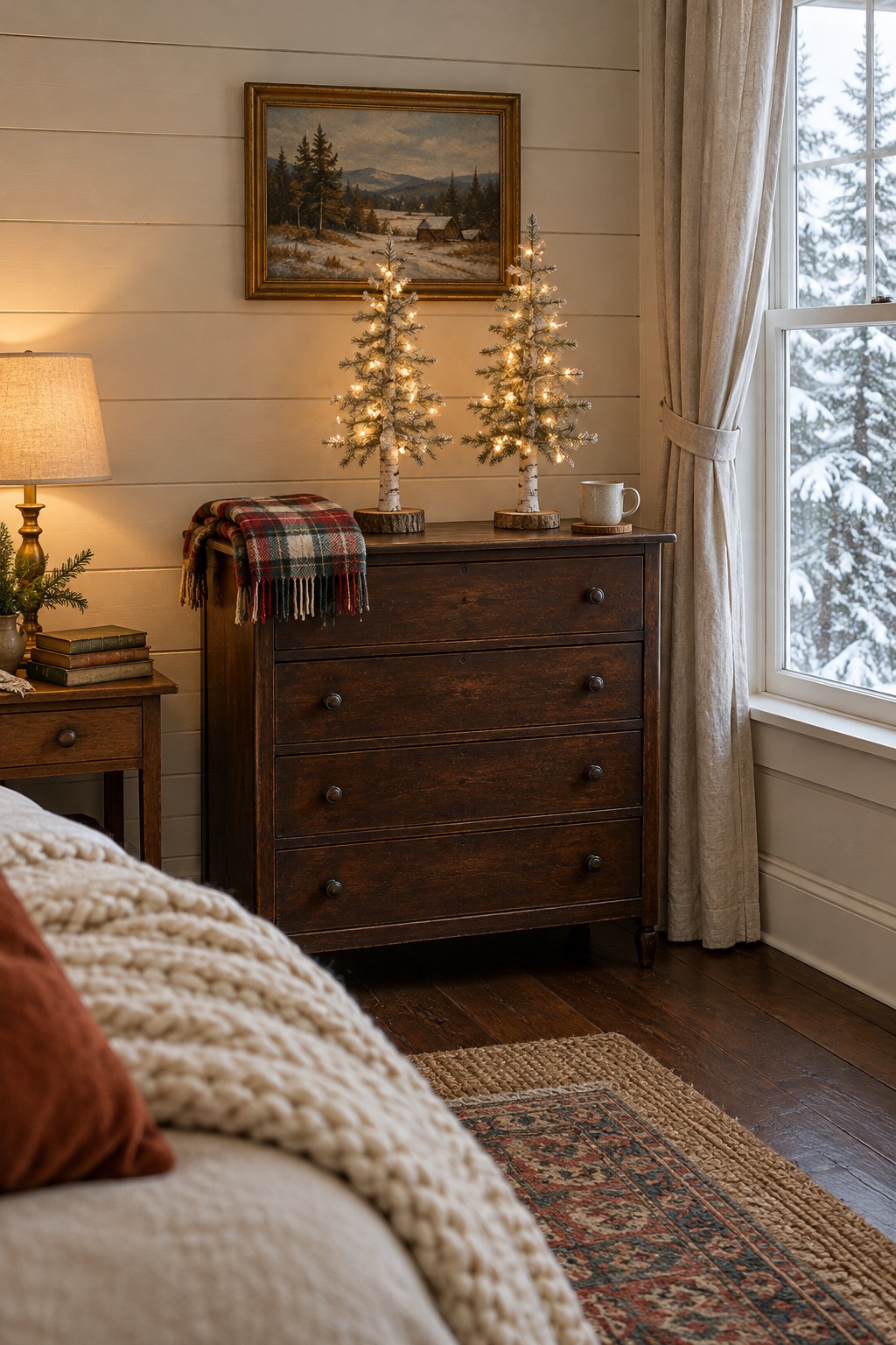 Pair of small lit white birch Christmas trees on a narrow wooden dresser beside a window in a small bedroom, with a folded plaid throw and a mug nearby