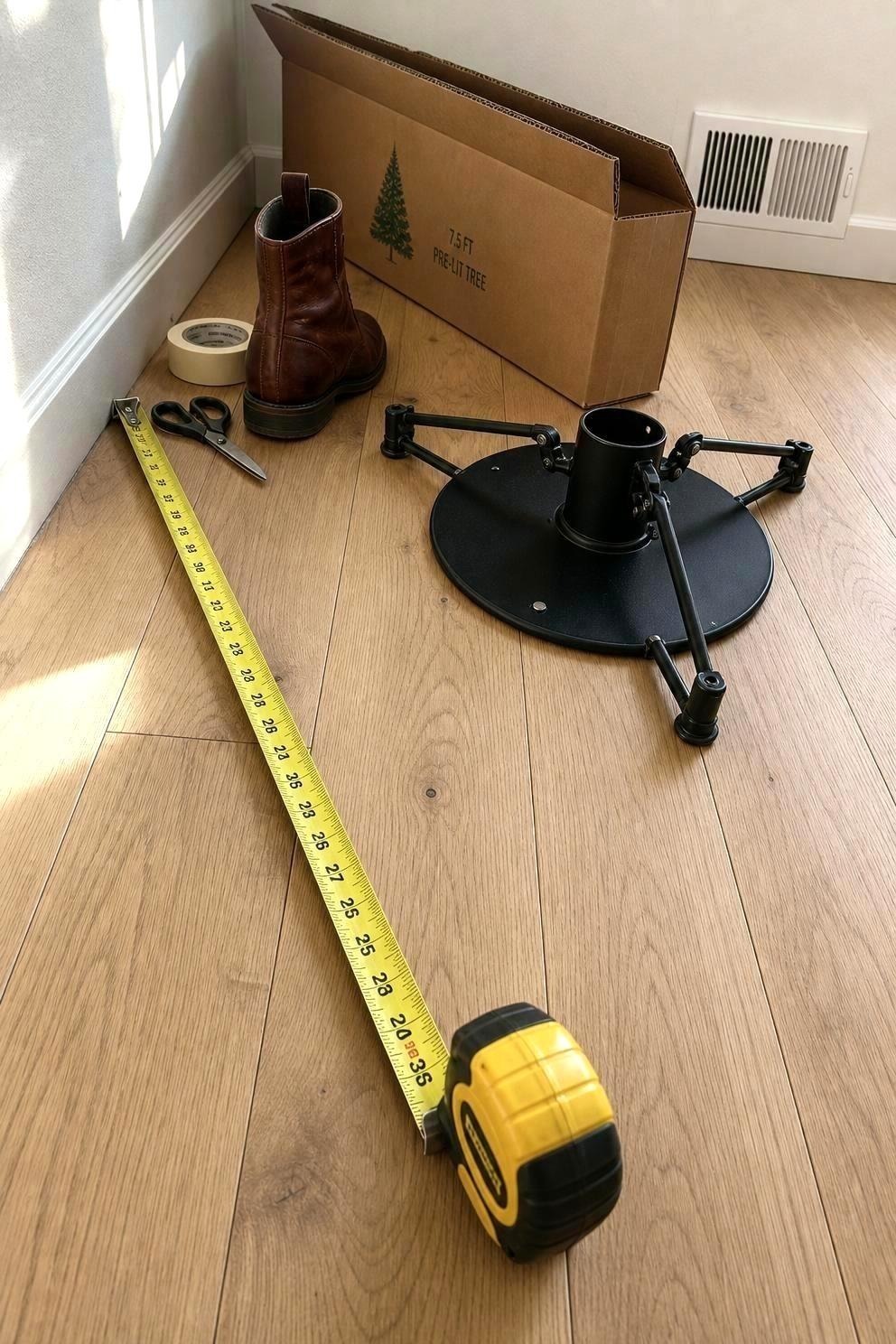 Tape measure, painter's tape and a tree stand on an oak floor, laid out to mark where a small Christmas tree will stand