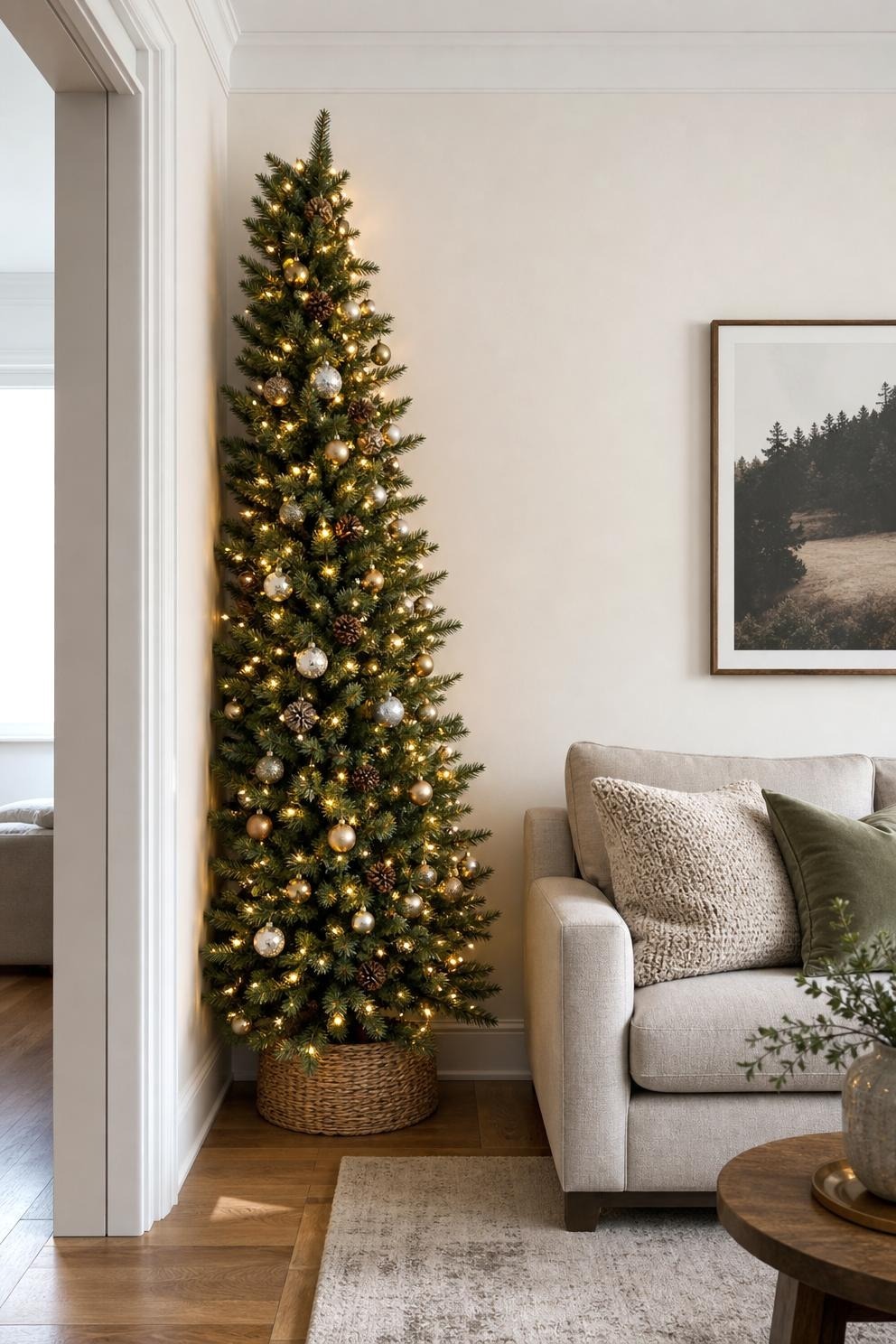 Tall narrow lit Christmas tree standing in the corner of a living room beside an open doorway and a sofa