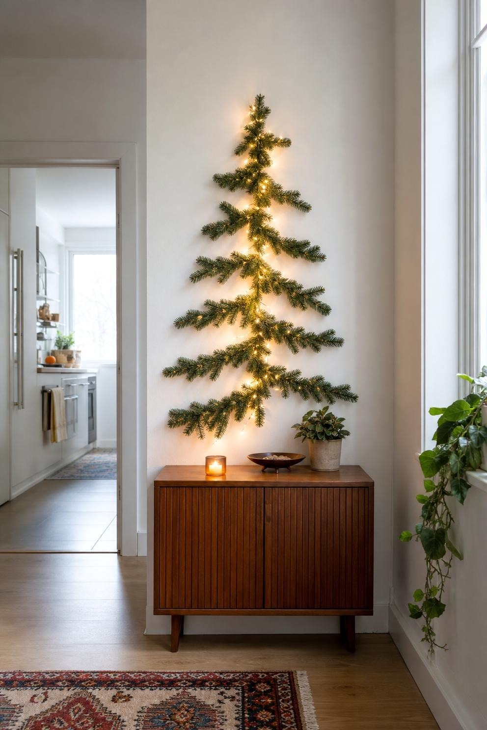 Wall Christmas tree made from evergreen garland and warm lights above a narrow wooden cabinet