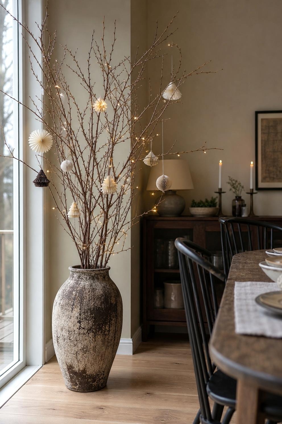 Bare winter branches in a heavy ceramic floor vase with a few warm lights and paper ornaments beside a dining table