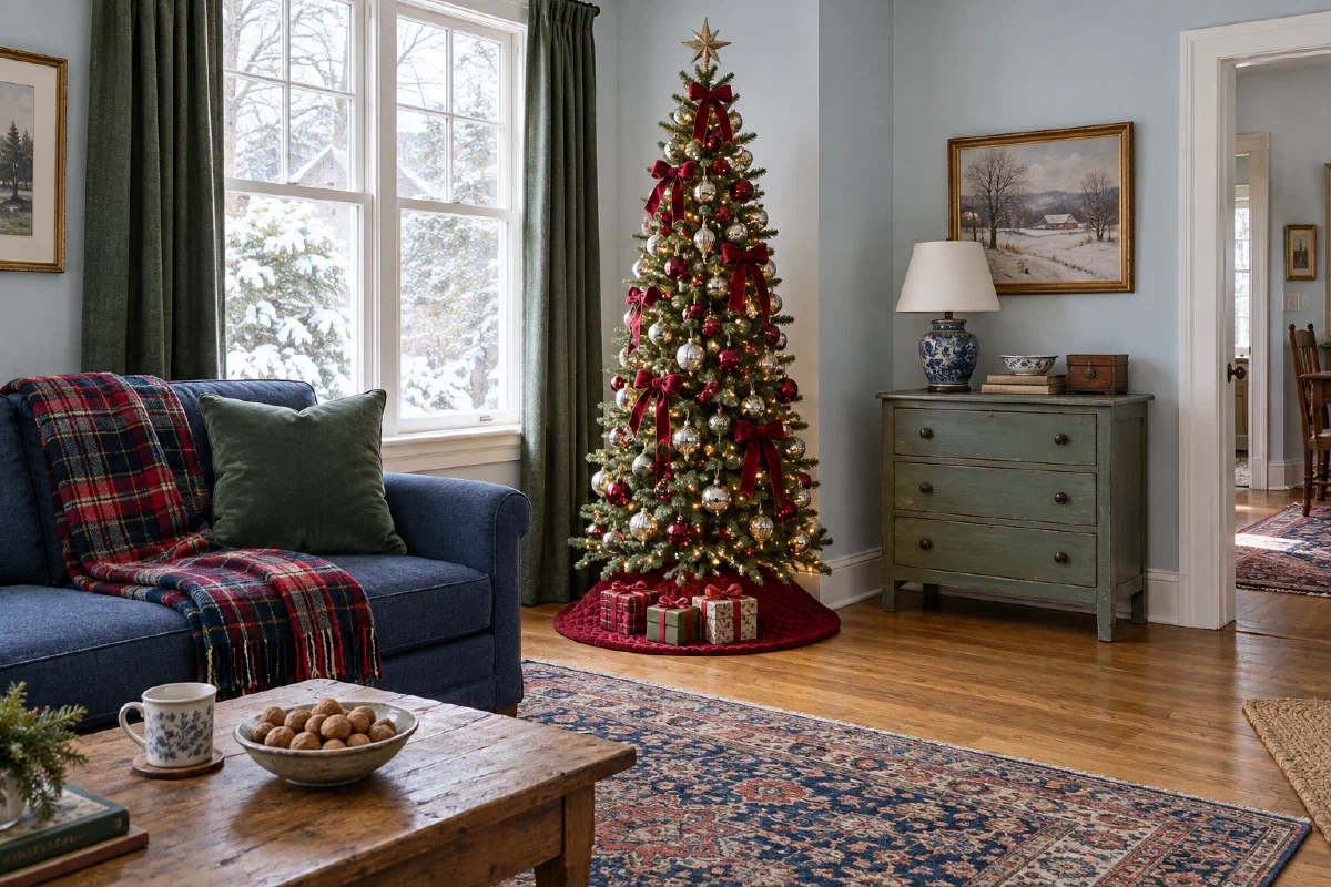 Slim decorated Christmas tree beside a window and blue loveseat, with open floor space in front
