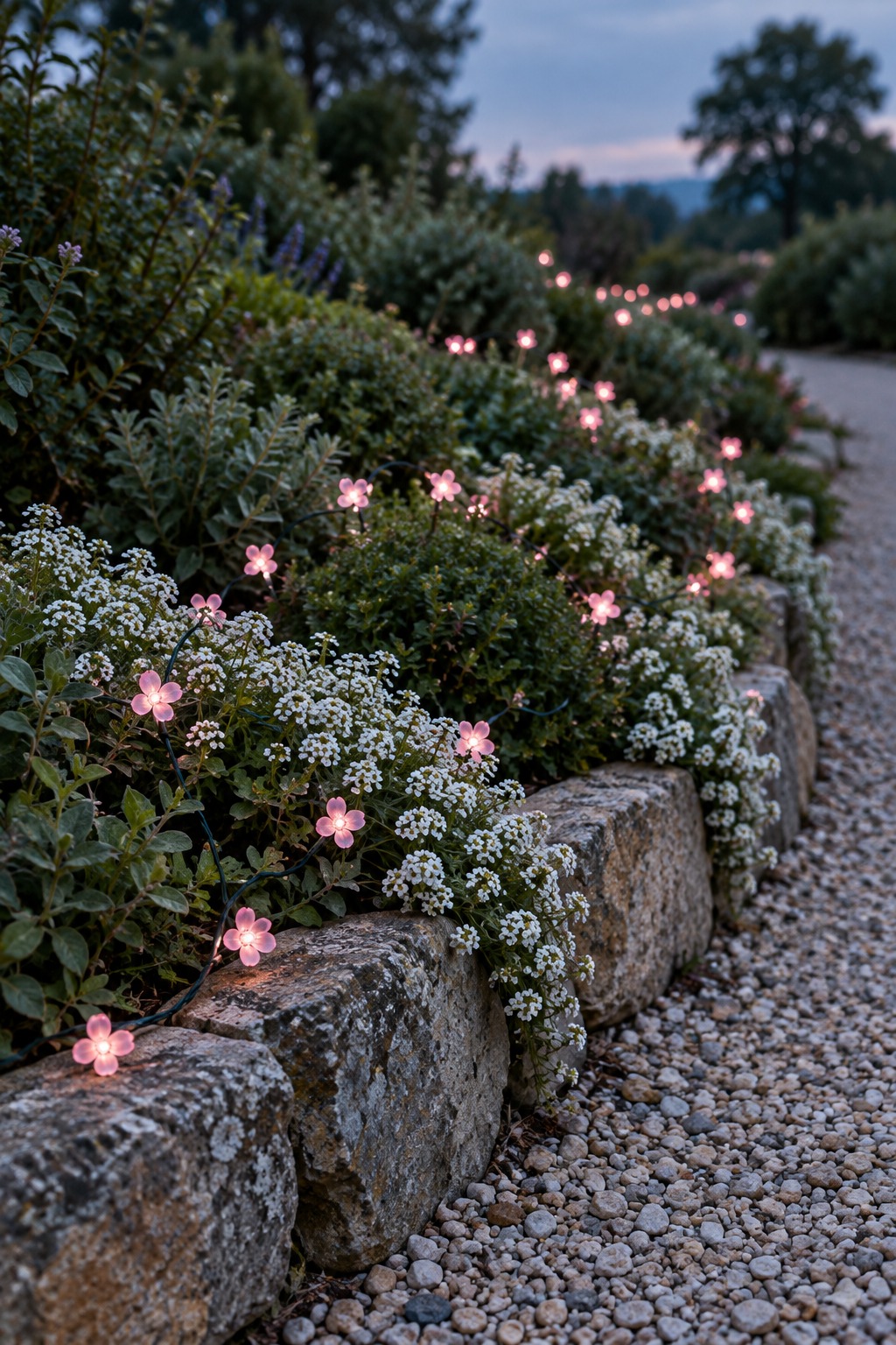 Pink blossom-shaped solar string lights glowing through white alyssum in a stone-edged flower bed beside a gravel path at dusk