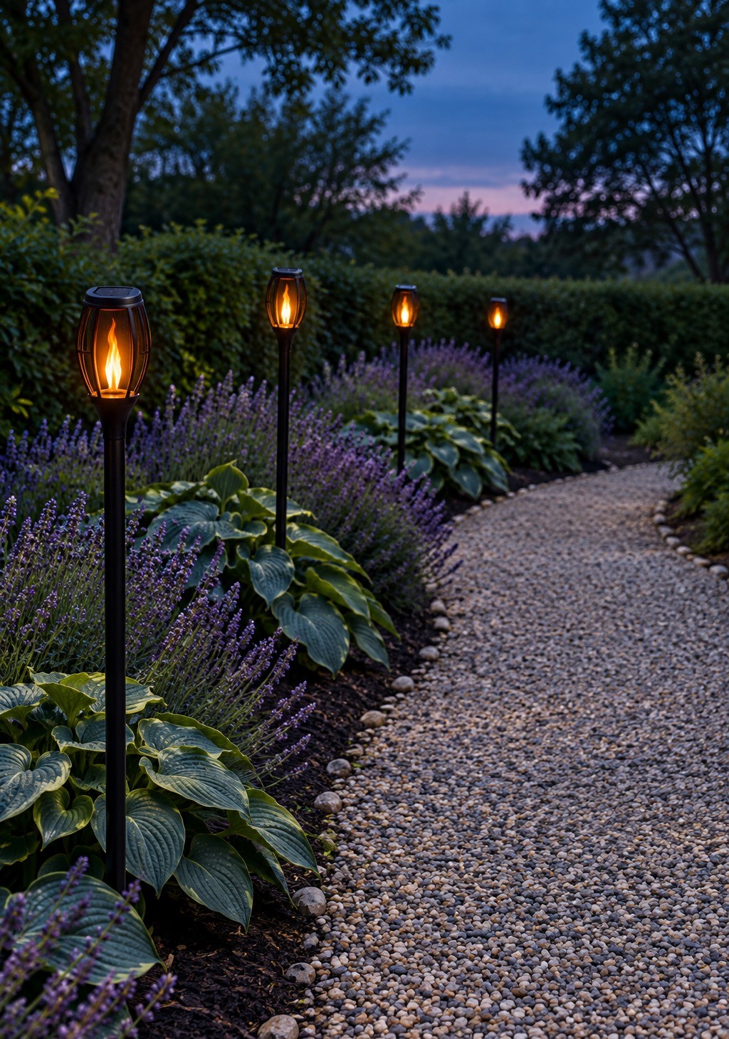 Four black solar torch lights with flickering flames along a curving gravel path, lined with hostas and lavender at dusk