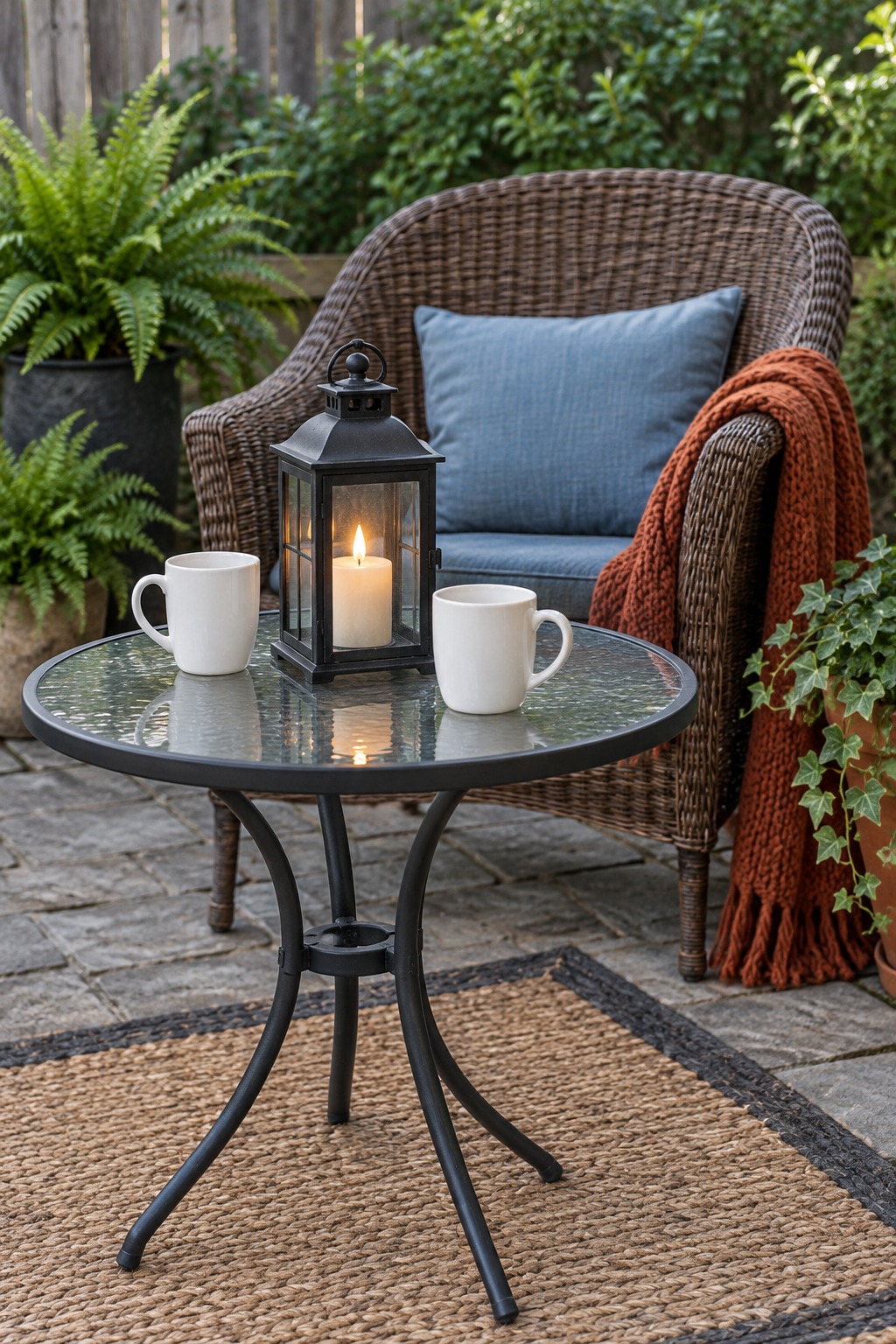 Black metal lantern glowing on a round glass patio table between two white mugs, with a wicker chair, blue pillow and rust knit throw behind