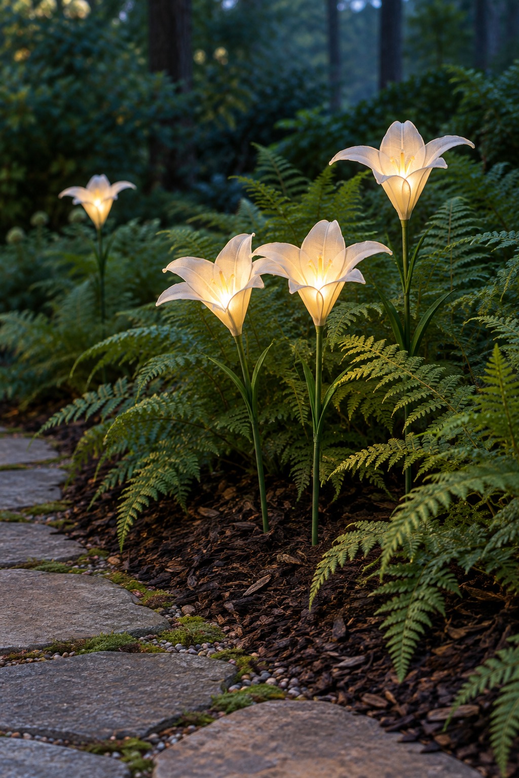 Four white lily-shaped solar lights glowing on green stems among ferns in a mulched border beside a flagstone path at dusk