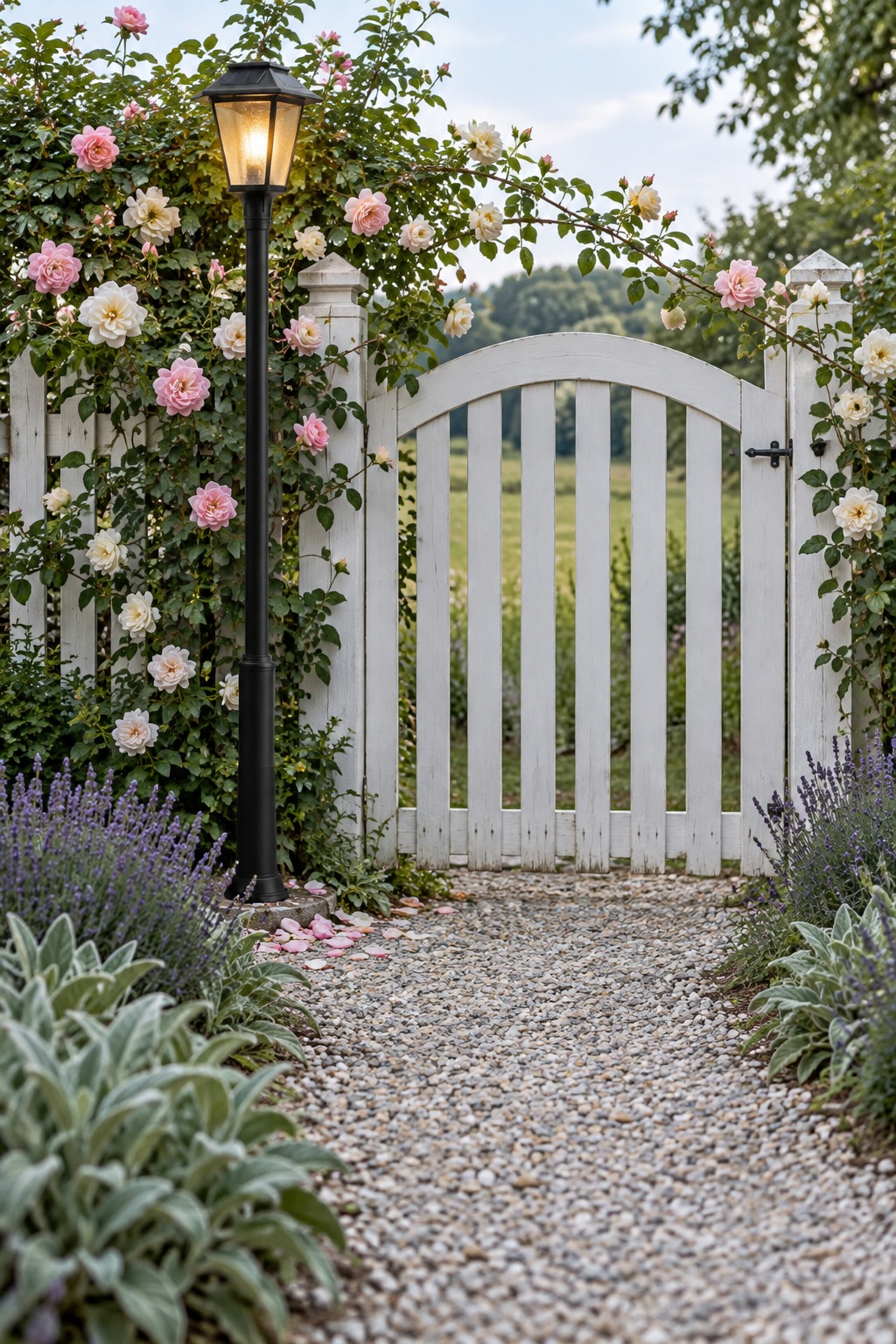 Tall black solar lamp post glowing beside a white wooden garden gate with climbing pink and cream roses, lavender and a gravel path