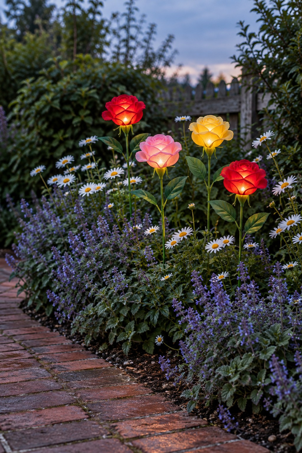 Red, pink and yellow rose-shaped solar lights glowing among white daisies and catmint beside a brick path at dusk