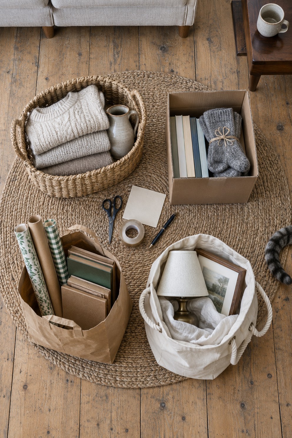 Overhead view of four containers on a jute rug: a basket of sweaters, a box of books and socks, a paper bag of wrapping paper and a canvas tote with a lamp and a framed print
